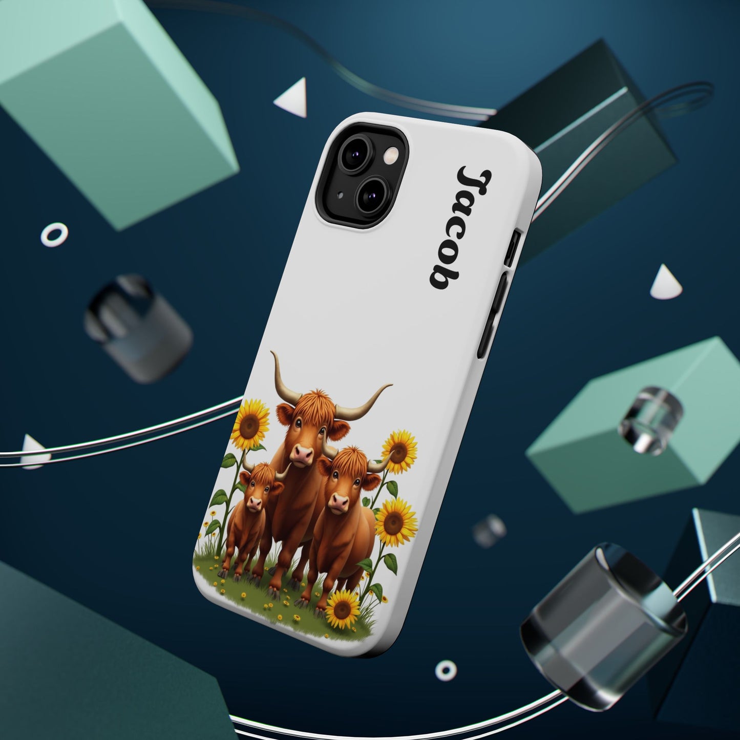 Personalized White Highland Cow Phone Case - Custom Name Farm Animal Gift | Cute Sunflower Cases for Women & Girls