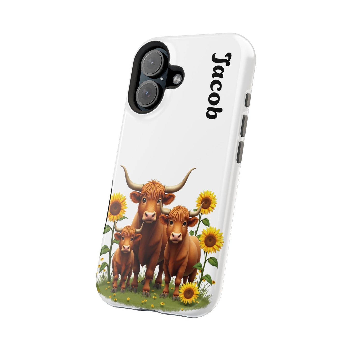 Personalized White Highland Cow Phone Case - Custom Name Farm Animal Gift | Cute Sunflower Cases for Women & Girls