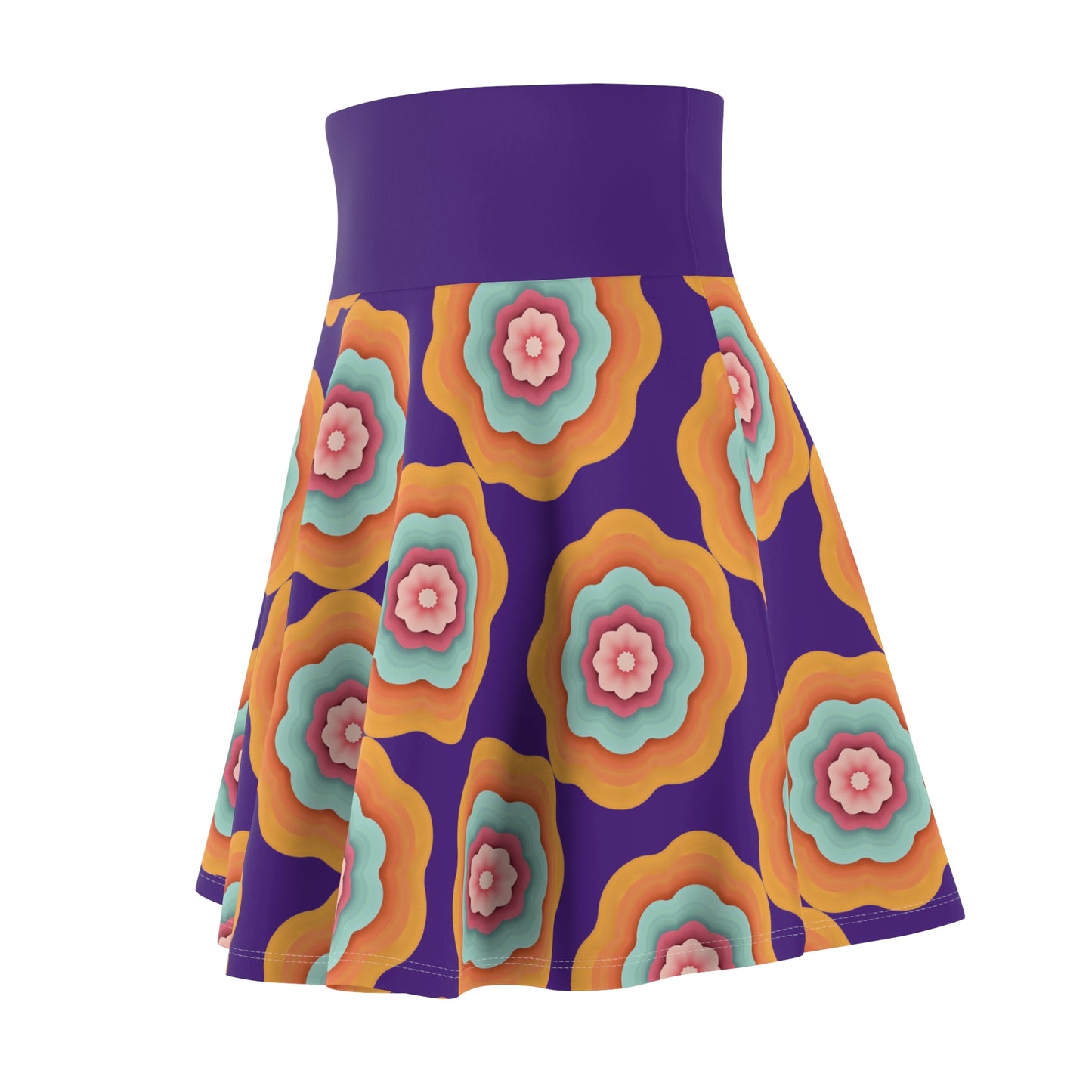Vivid Blossom Skater Skirt - Vibrant Florals on Royal Purple