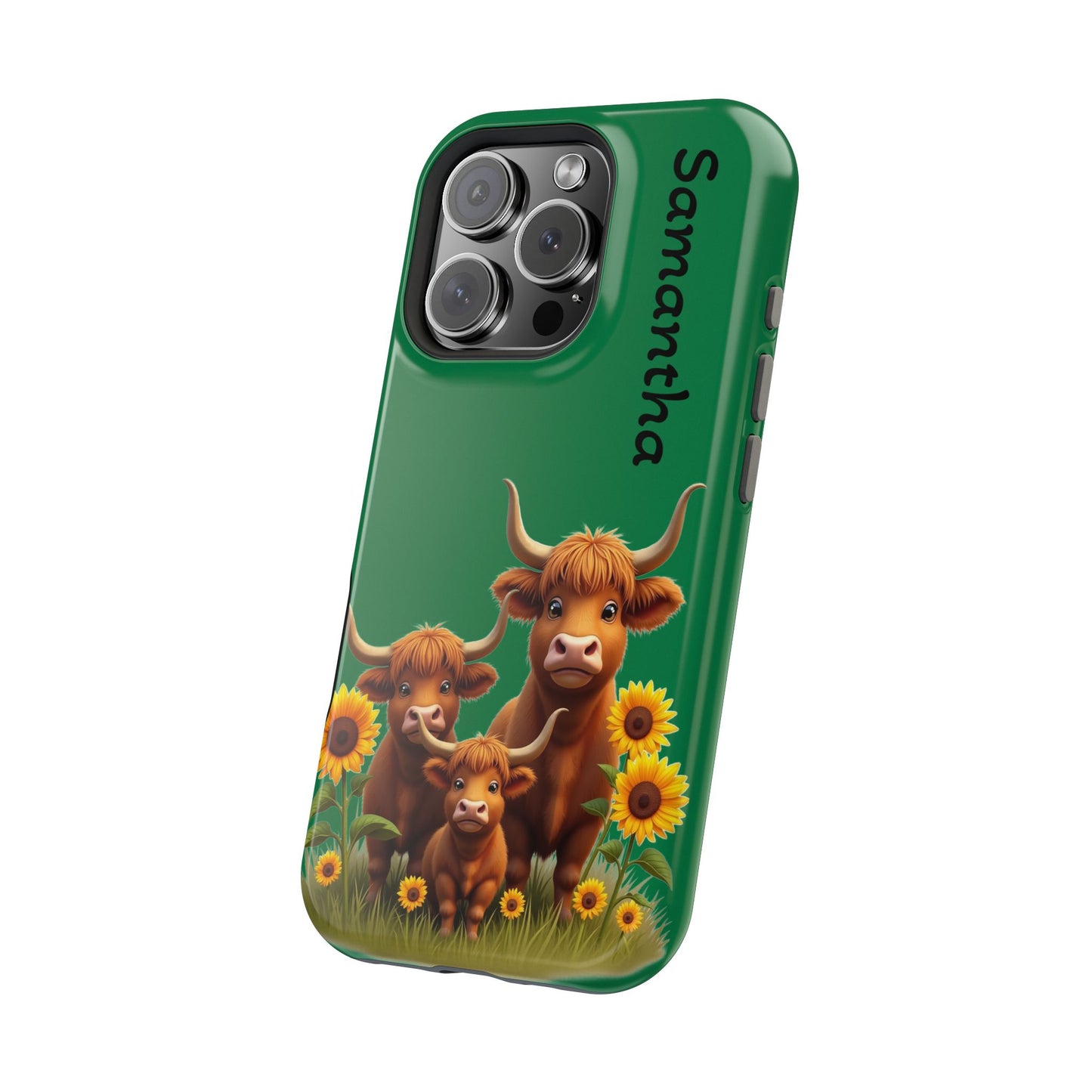 Personalized Highland Cow Phone Case - Custom Name Farm Animal Gift | Cute Green iPhone Cases for Women & Girls