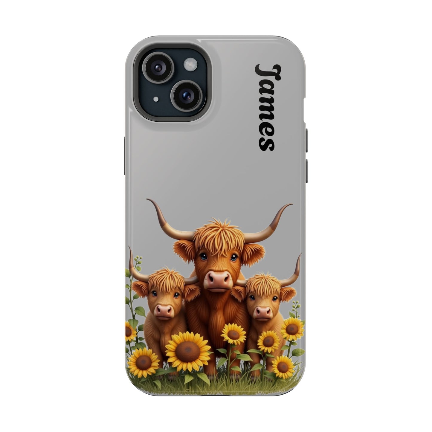 Personalized Gray Highland Cow Phone Case - Custom Name Farm Animal Gift | Cute Gray iPhone Cases for Women & Girls