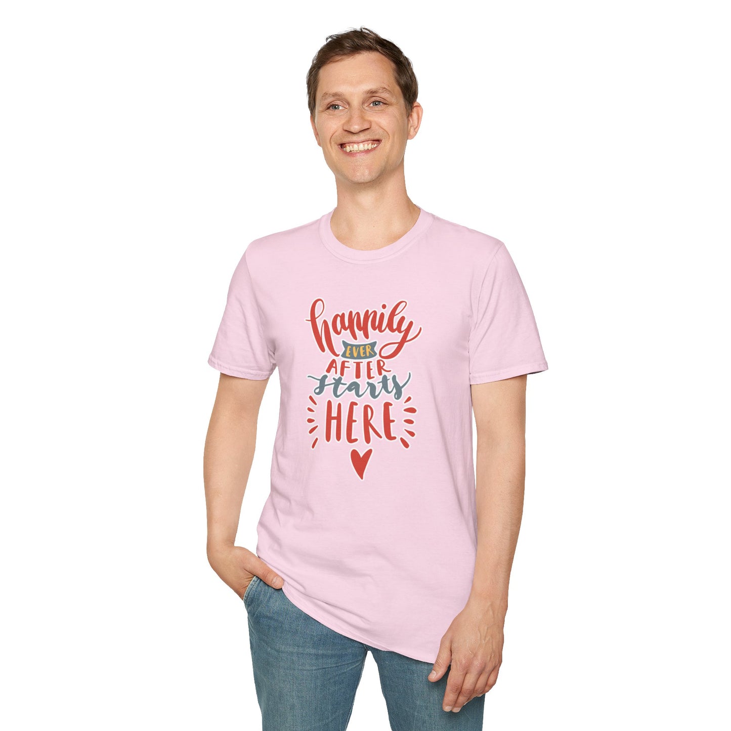 "Happily Ever After Starts Here" Inspirational & Wholesome T-Shirt – Cute Motivational Graphic Tee for Dreamers, Romantics & New Beginnings