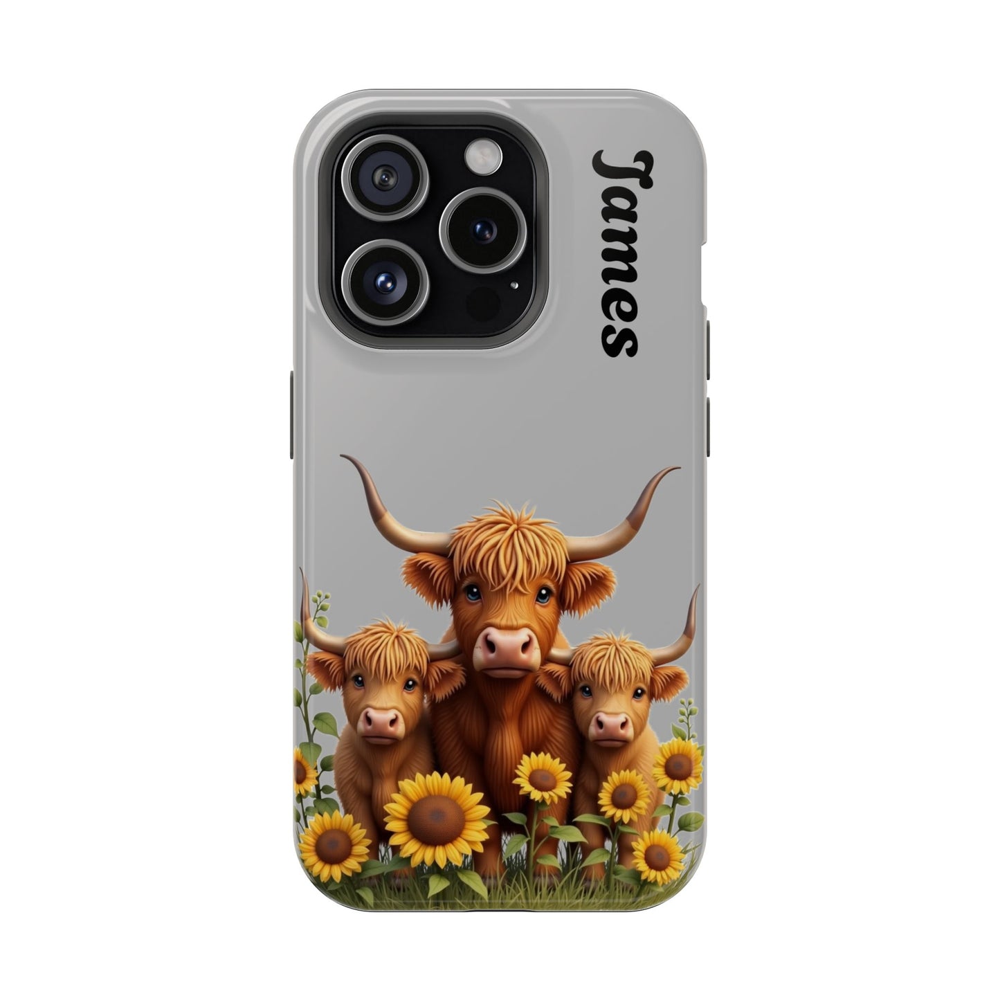 Personalized Gray Highland Cow Phone Case - Custom Name Farm Animal Gift | Cute Gray iPhone Cases for Women & Girls