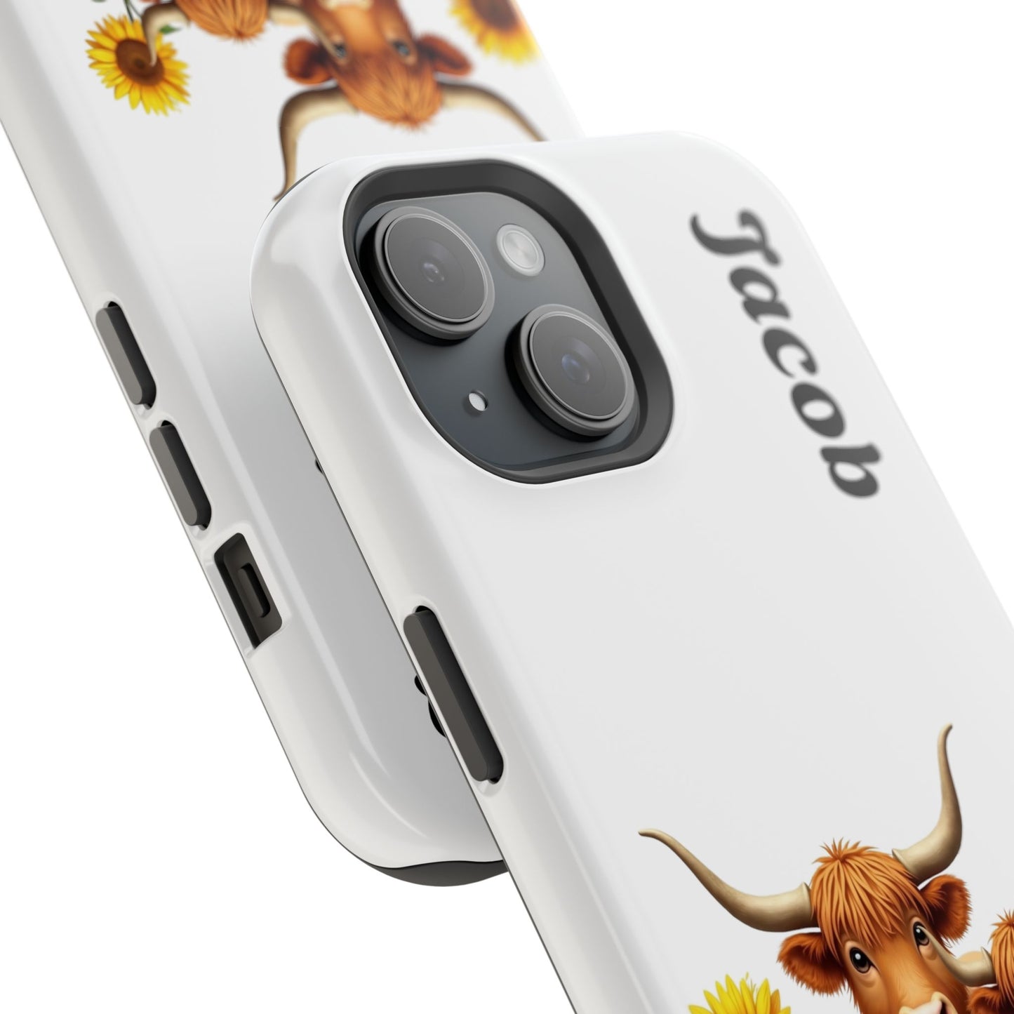 Personalized White Highland Cow Phone Case - Custom Name Farm Animal Gift | Cute Sunflower Cases for Women & Girls