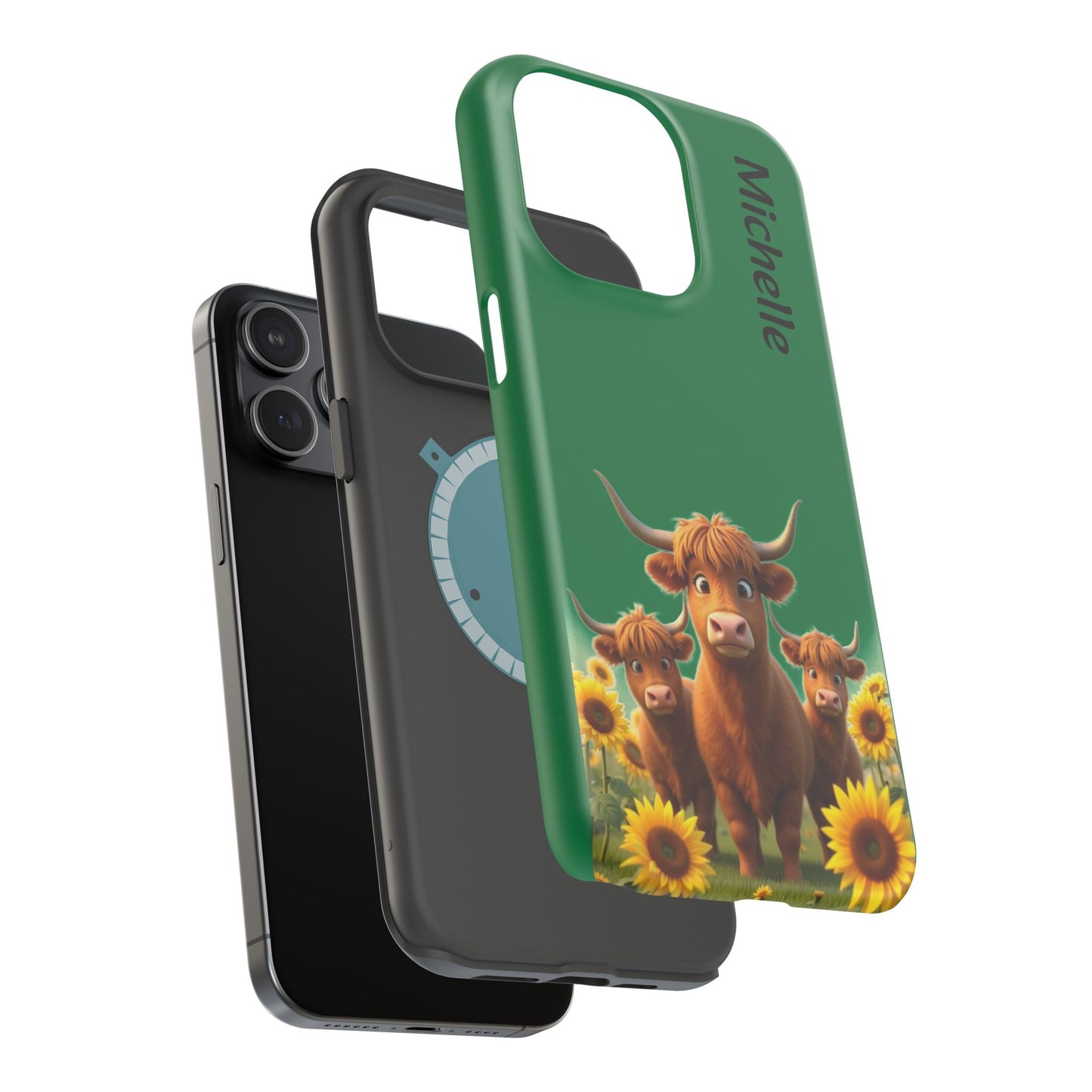 Personalized Highland Cow Phone Case - Custom Name Farm Animal Gift | Cute Green iPhone Cases for Women & Girls