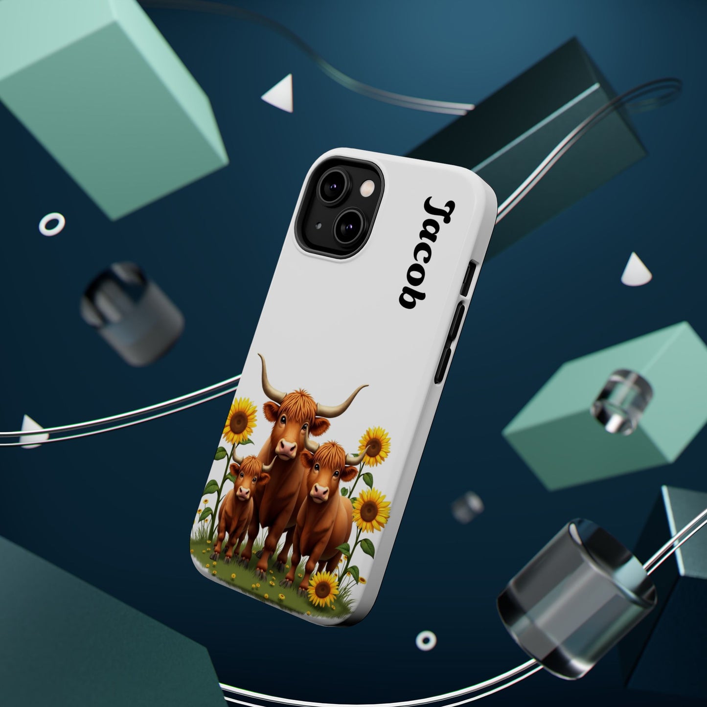 Personalized White Highland Cow Phone Case - Custom Name Farm Animal Gift | Cute Sunflower Cases for Women & Girls