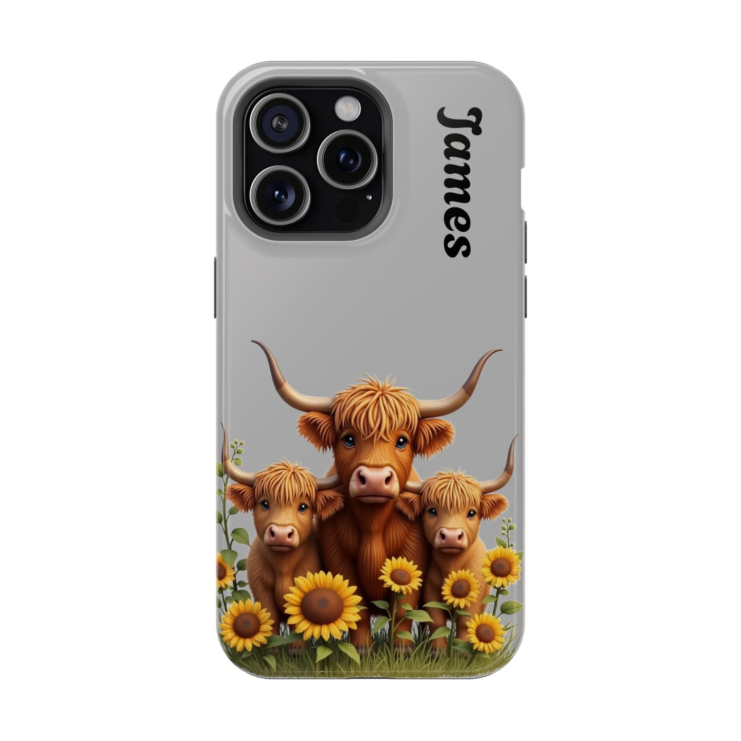 Personalized Gray Highland Cow Phone Case - Custom Name Farm Animal Gift | Cute Gray iPhone Cases for Women & Girls
