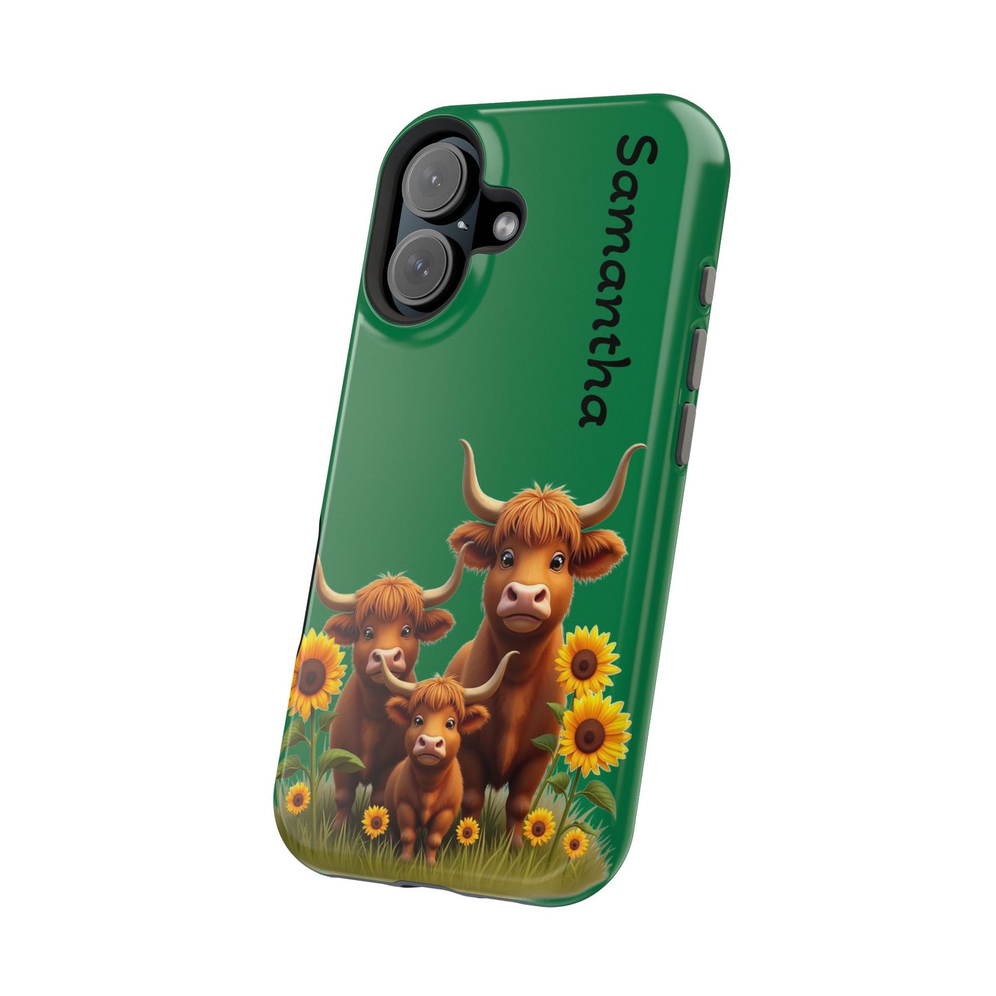 Personalized Highland Cow Phone Case - Custom Name Farm Animal Gift | Cute Green iPhone Cases for Women & Girls