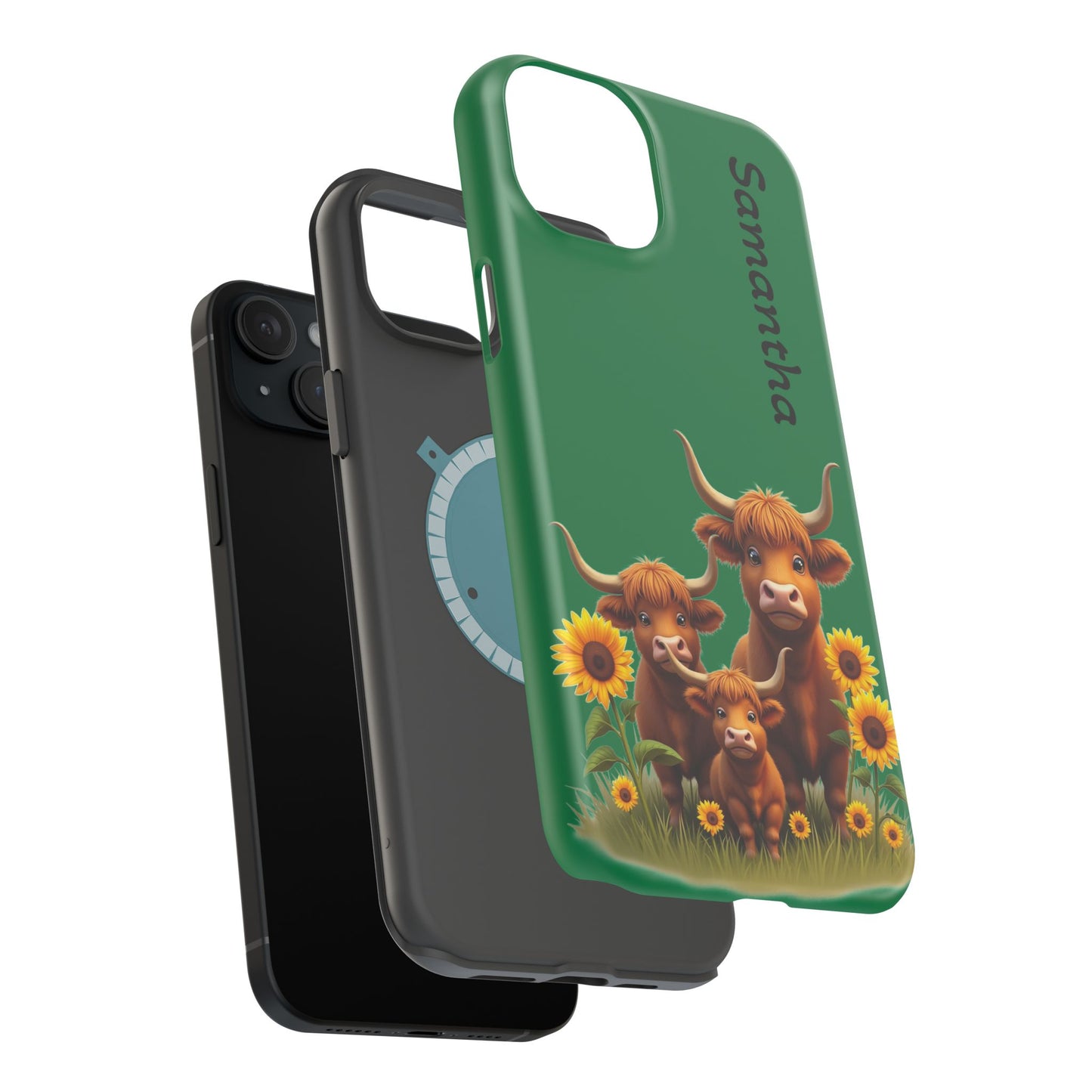 Personalized Highland Cow Phone Case - Custom Name Farm Animal Gift | Cute Green iPhone Cases for Women & Girls