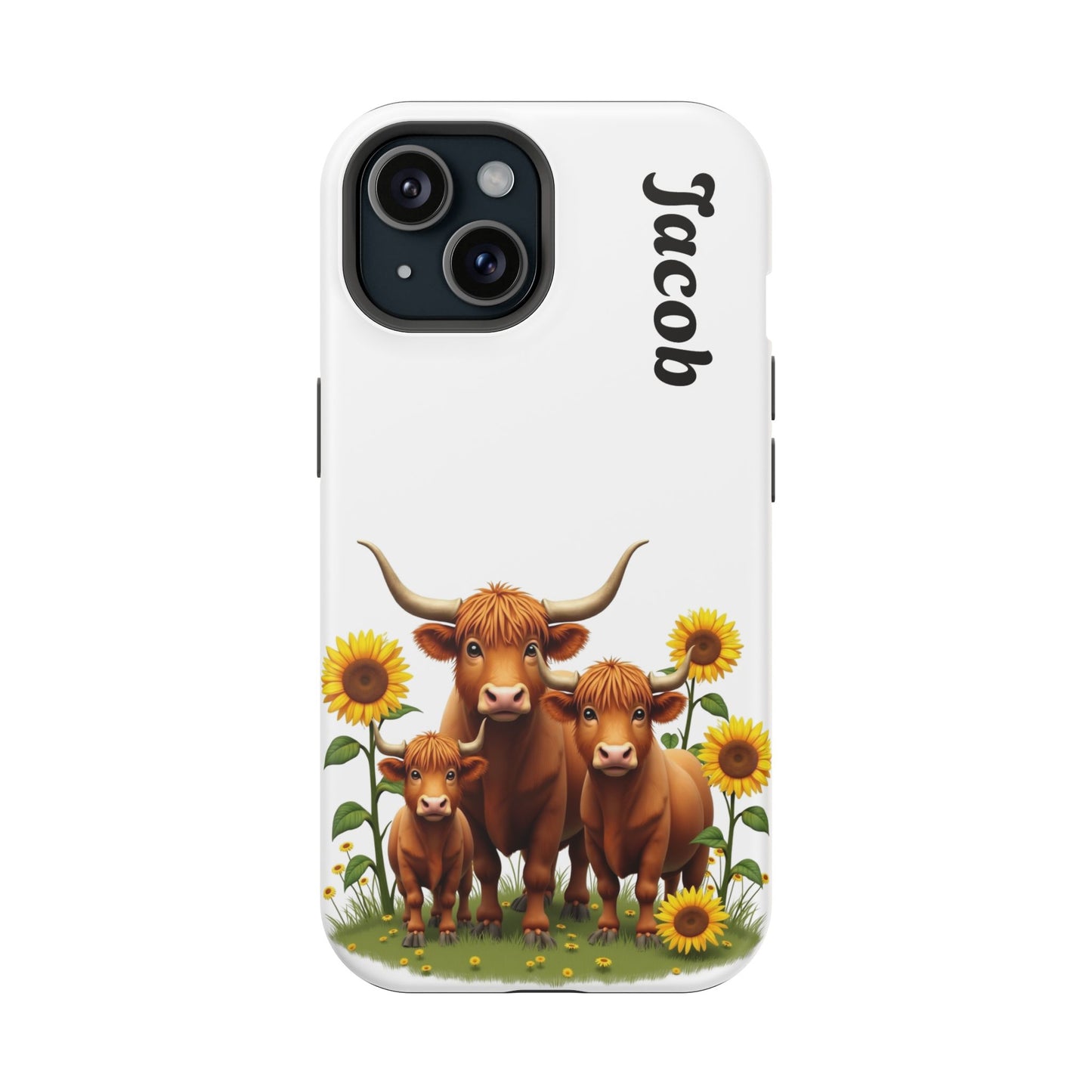 Personalized White Highland Cow Phone Case - Custom Name Farm Animal Gift | Cute Sunflower Cases for Women & Girls