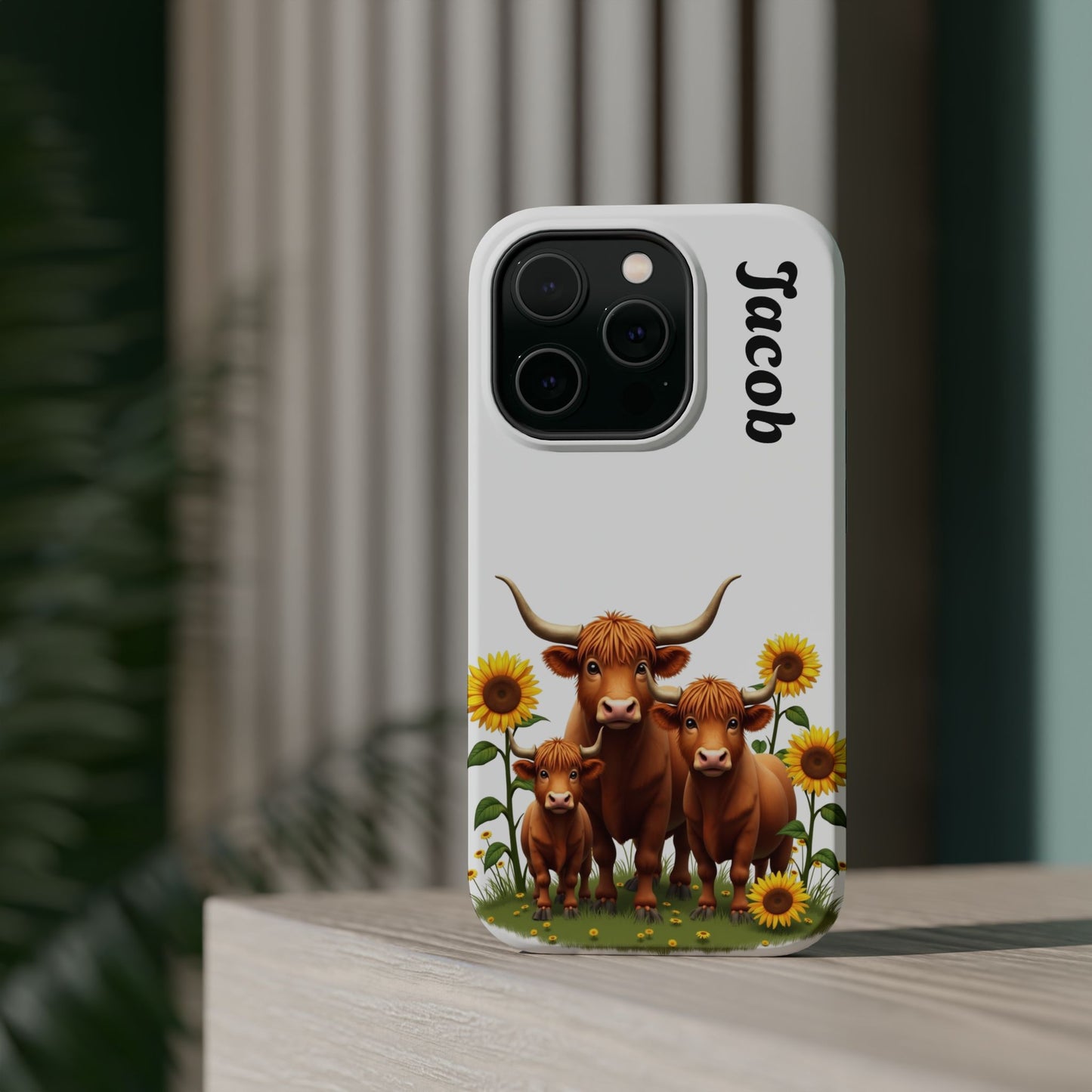 Personalized White Highland Cow Phone Case - Custom Name Farm Animal Gift | Cute Sunflower Cases for Women & Girls