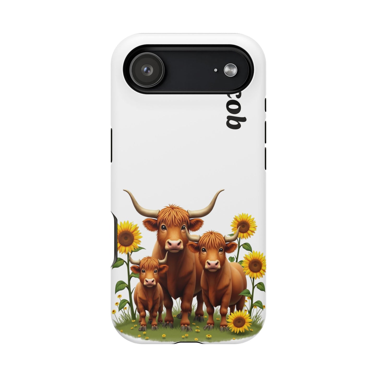 Personalized White Highland Cow Phone Case - Custom Name Farm Animal Gift | Cute Sunflower Cases for Women & Girls