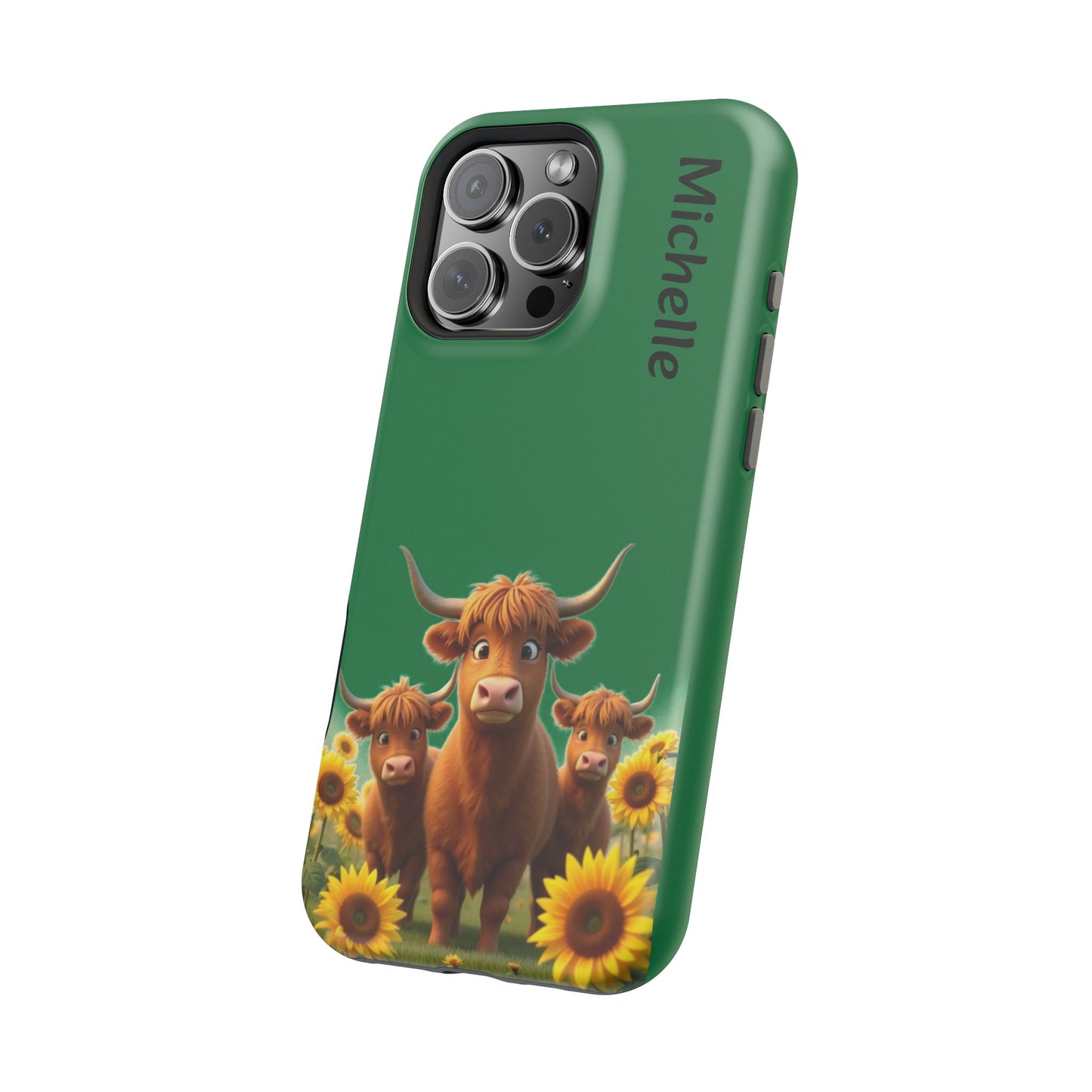 Personalized Highland Cow Phone Case - Custom Name Farm Animal Gift | Cute Green iPhone Cases for Women & Girls