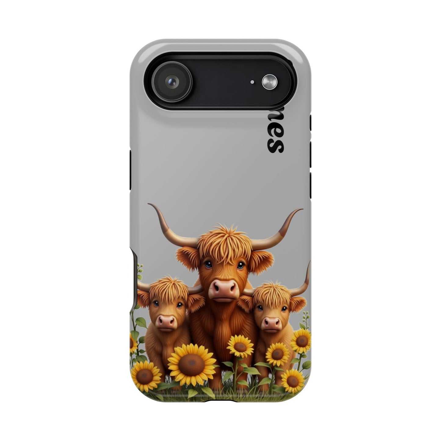 Personalized Gray Highland Cow Phone Case - Custom Name Farm Animal Gift | Cute Gray iPhone Cases for Women & Girls