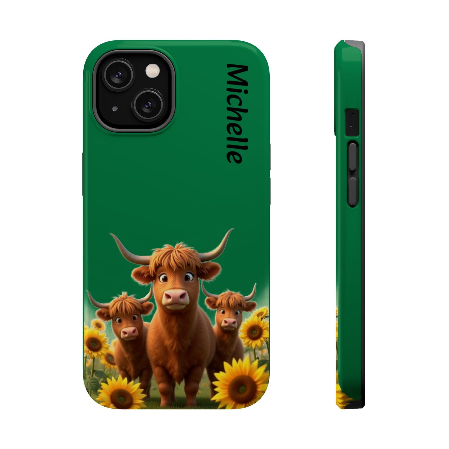 Personalized Highland Cow Phone Case - Custom Name Farm Animal Gift | Cute Green iPhone Cases for Women & Girls
