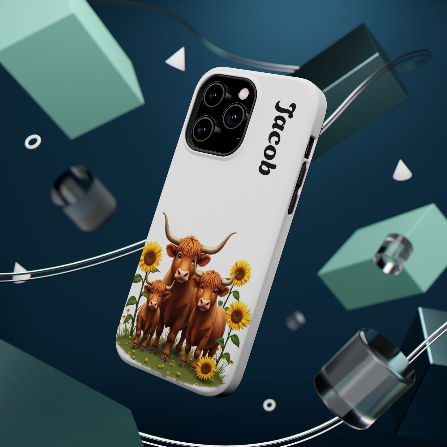 Personalized White Highland Cow Phone Case - Custom Name Farm Animal Gift | Cute Sunflower Cases for Women & Girls