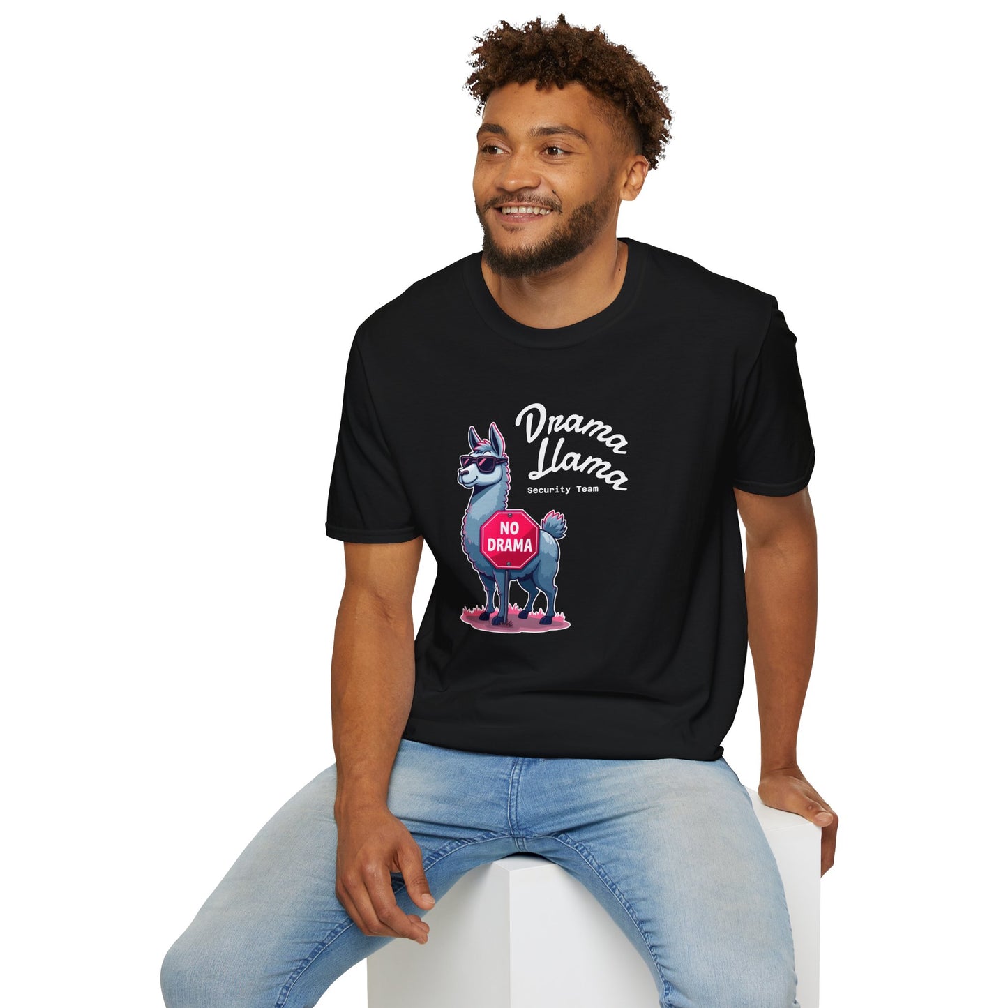 Funny Drama Llama Security Team T-Shirt – Sarcastic Llama with Sunglasses & “No Drama” Stop Sign, Ironic Humor Gift for Chill People