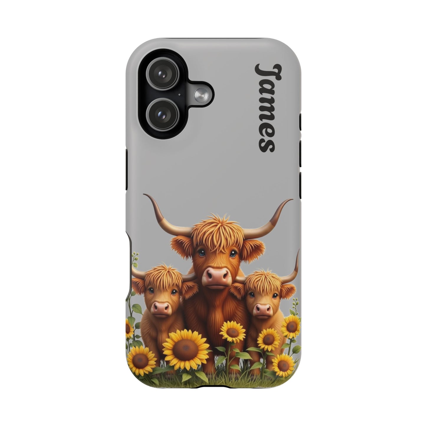 Personalized Gray Highland Cow Phone Case - Custom Name Farm Animal Gift | Cute Gray iPhone Cases for Women & Girls