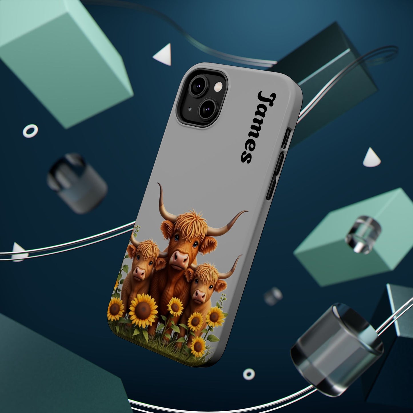 Personalized Gray Highland Cow Phone Case - Custom Name Farm Animal Gift | Cute Gray iPhone Cases for Women & Girls