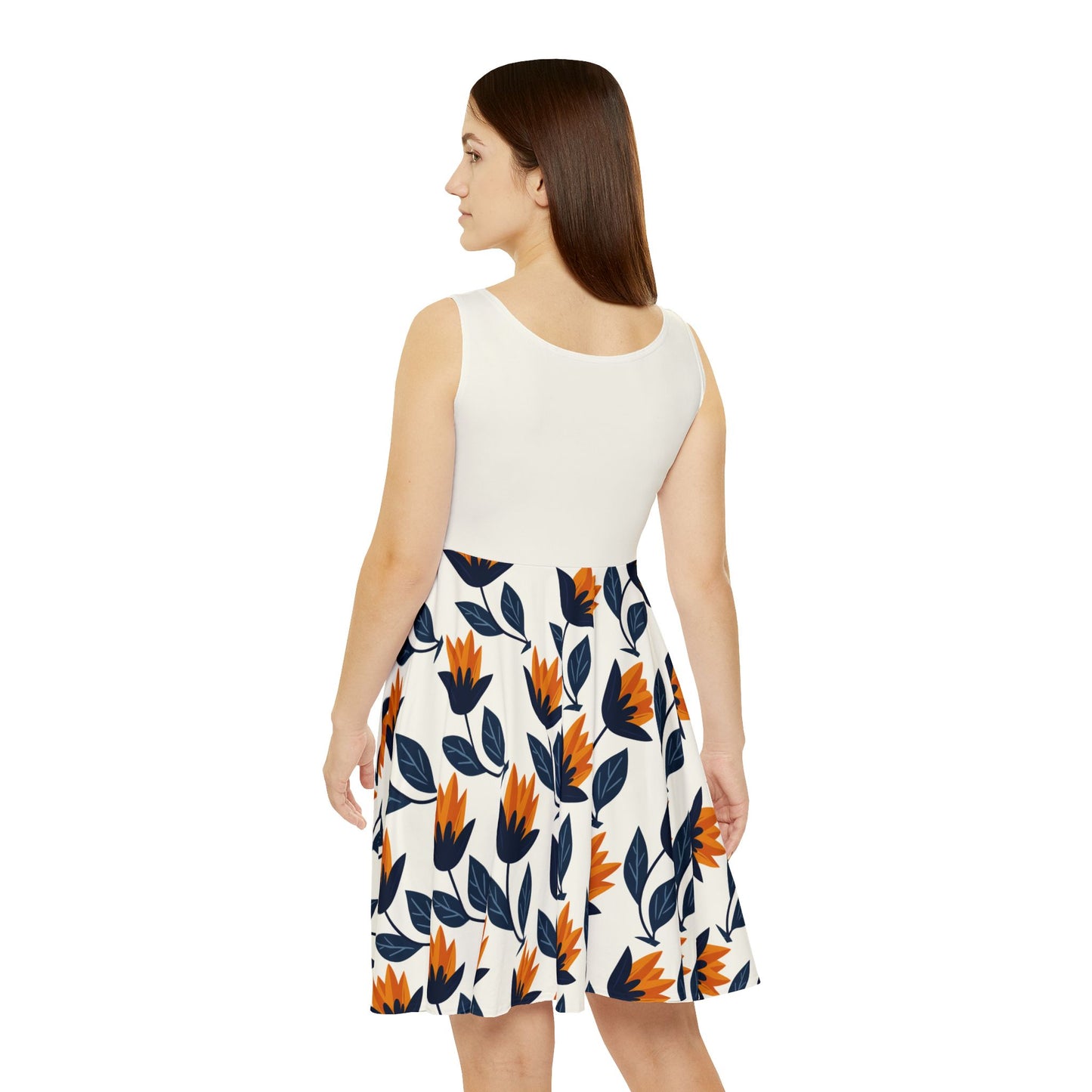 Golden Tulips Skater Dress - Elegant Florals in Navy & Amber