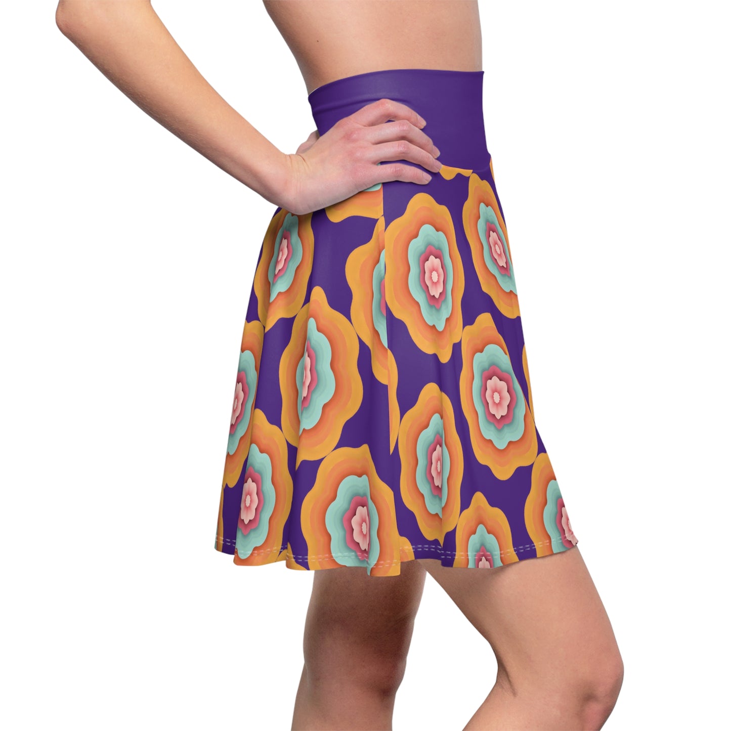 Vivid Blossom Skater Skirt - Vibrant Florals on Royal Purple