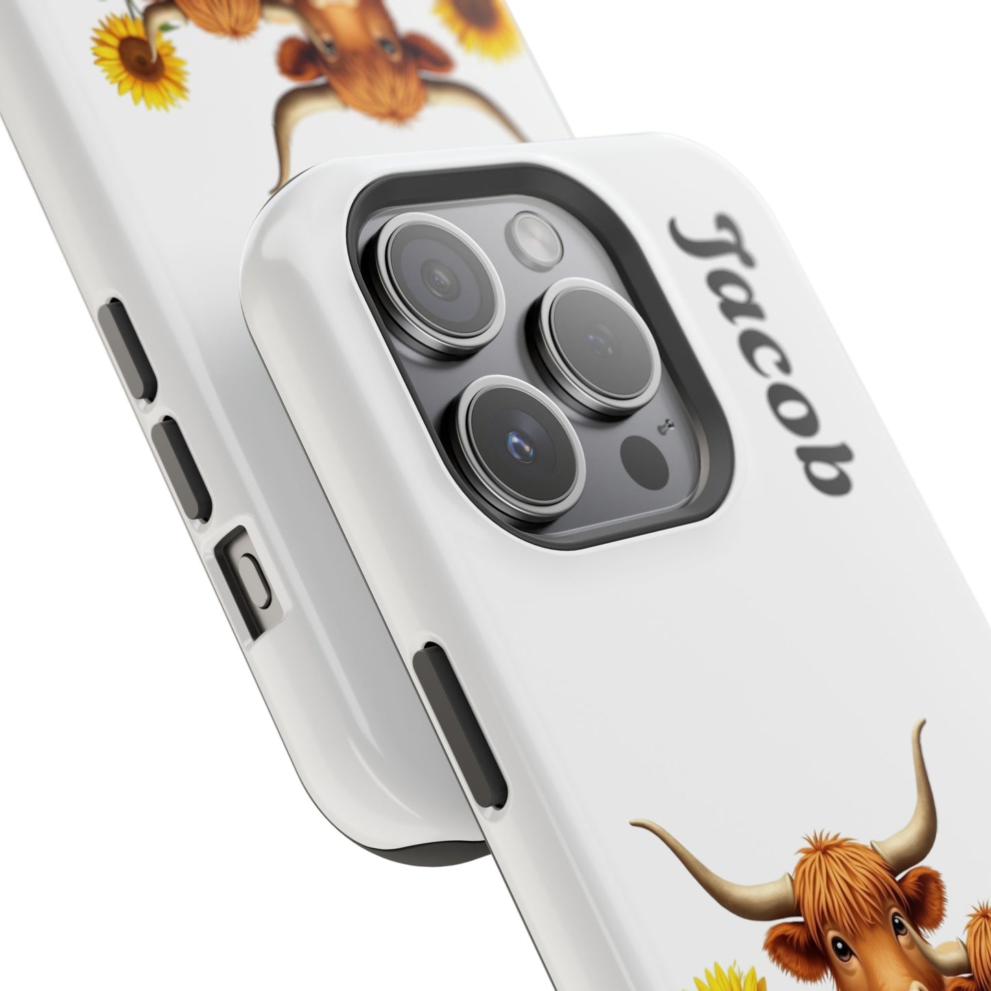 Personalized White Highland Cow Phone Case - Custom Name Farm Animal Gift | Cute Sunflower Cases for Women & Girls