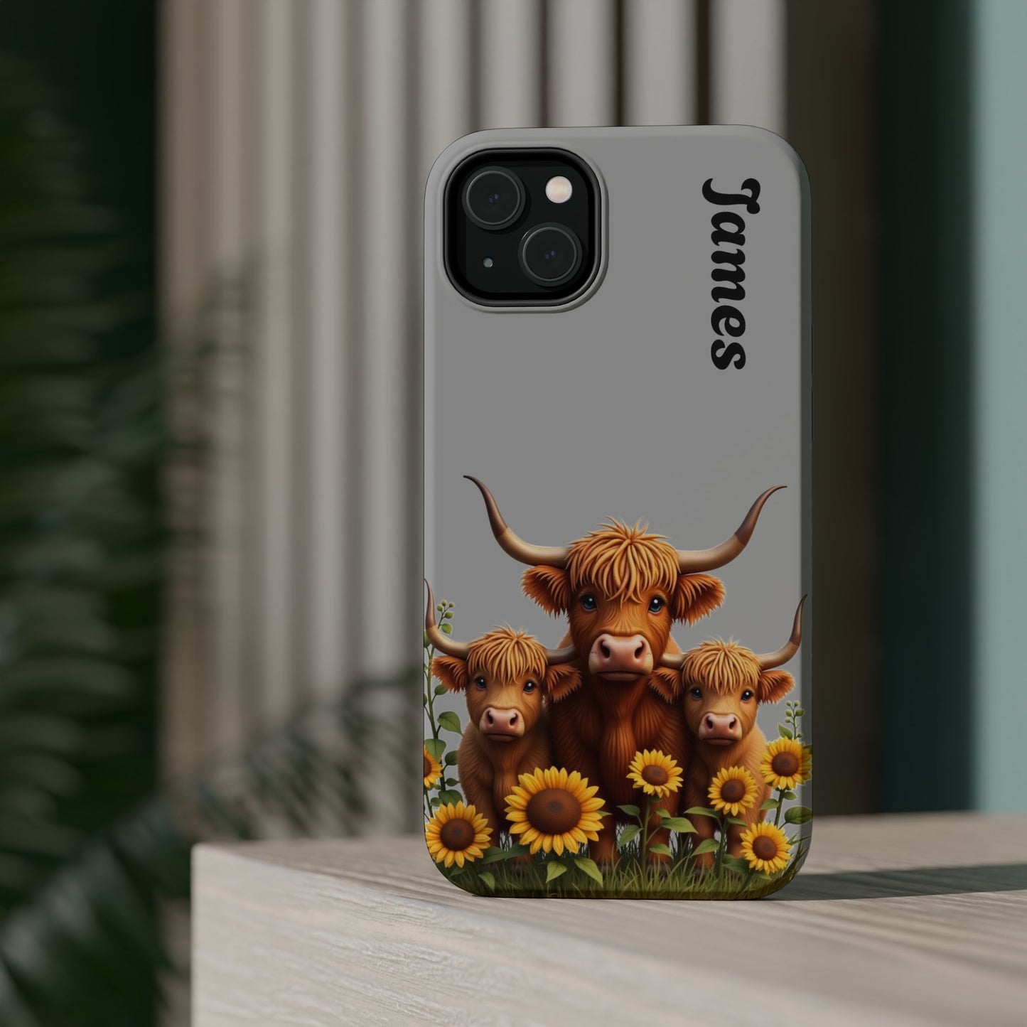 Personalized Gray Highland Cow Phone Case - Custom Name Farm Animal Gift | Cute Gray iPhone Cases for Women & Girls