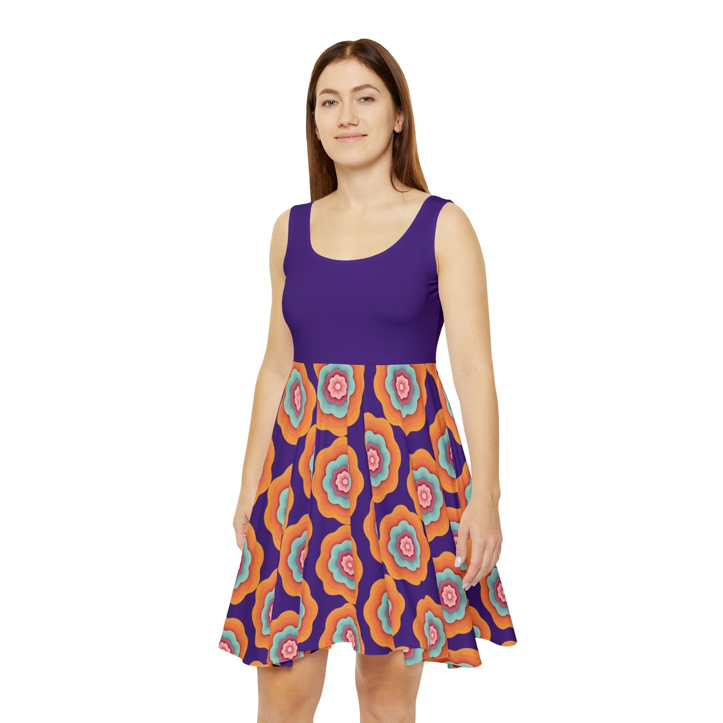 Vivid Blossom Skater Dress - Vibrant Florals on Royal Purple