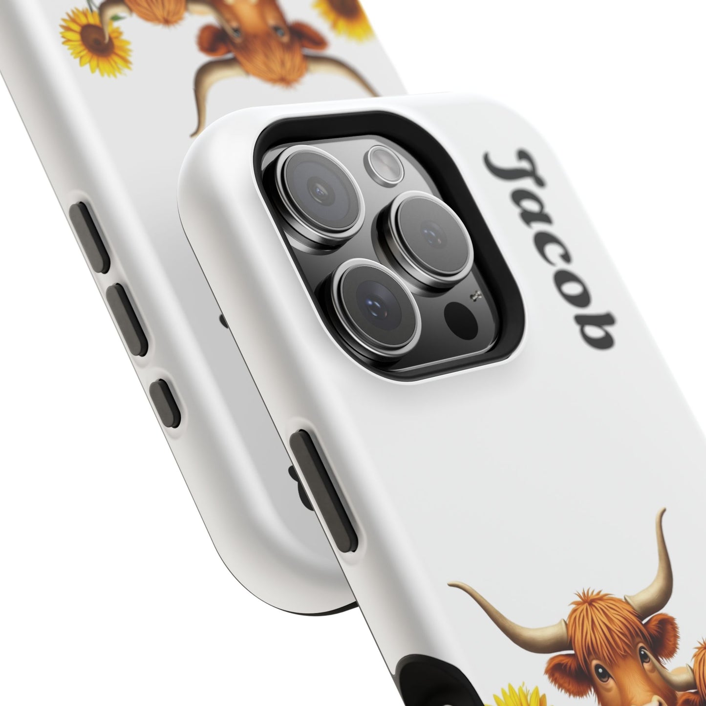 Personalized White Highland Cow Phone Case - Custom Name Farm Animal Gift | Cute Sunflower Cases for Women & Girls