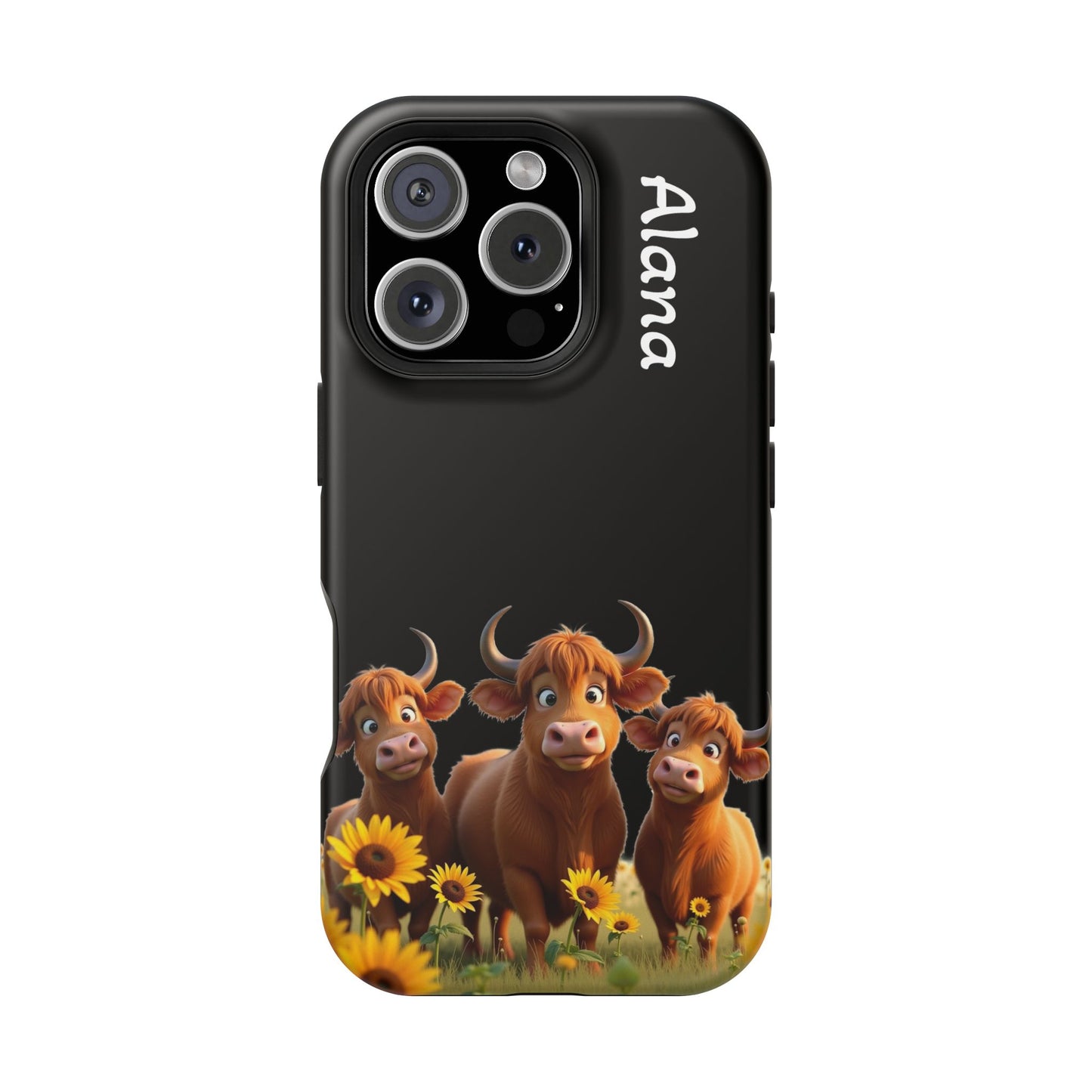 Personalized Highland Cow Phone Case - Custom Name Farm Animal Gift | Cute Black iPhone Cases for Women & Girls