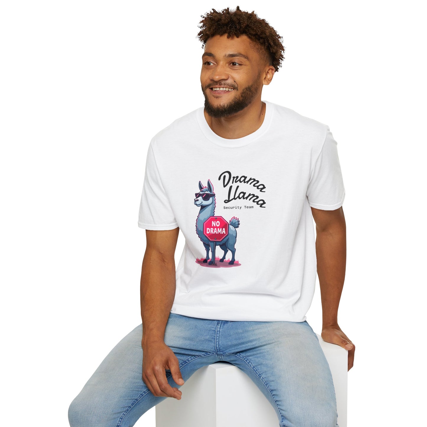 Funny Drama Llama Security Team T-Shirt – Sarcastic Llama with Sunglasses & “No Drama” Stop Sign, Ironic Humor Gift for Chill People