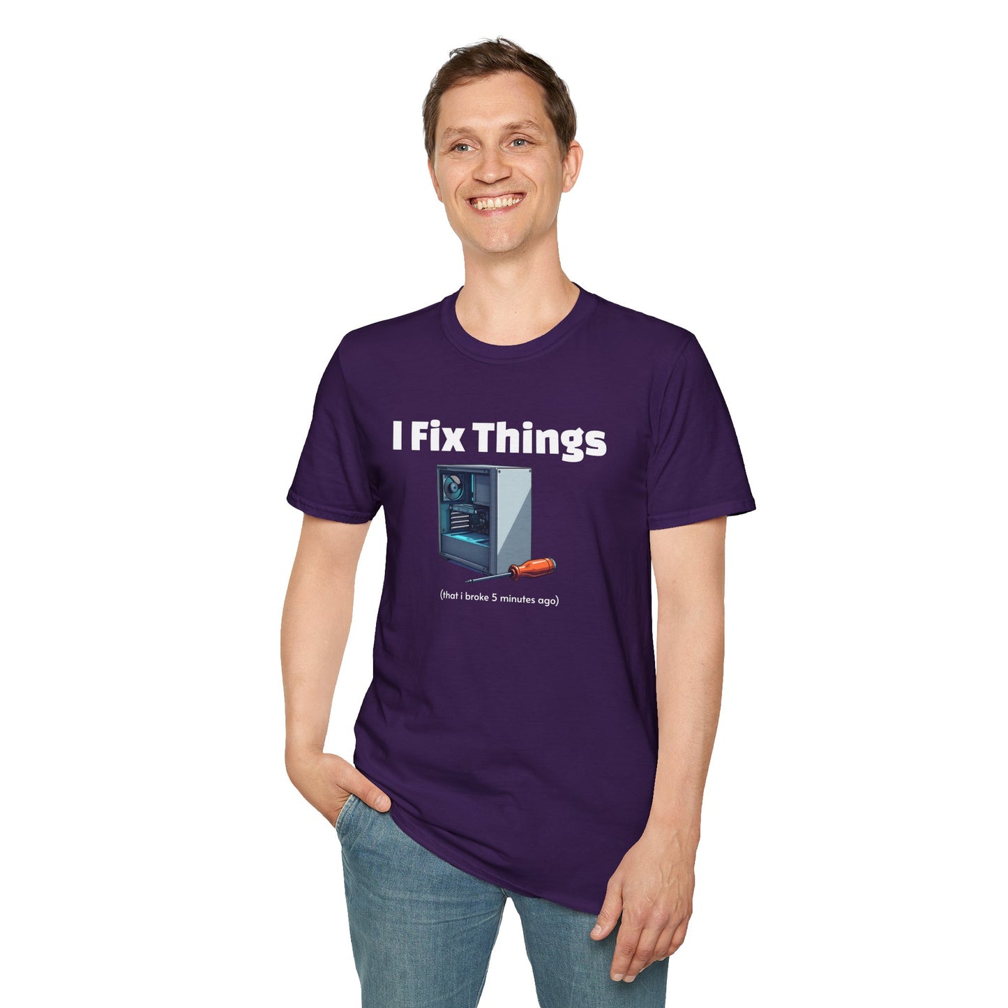 Funny "I Fix Things I Broke 5 Minutes Ago" T-Shirt β Sarcastic Tech Humor Tee, Relatable Repair Geek Gift for Clumsy Builders & Overthinkers