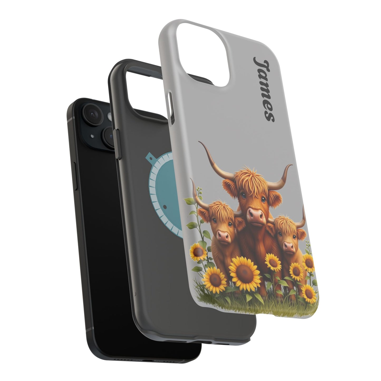 Personalized Gray Highland Cow Phone Case - Custom Name Farm Animal Gift | Cute Gray iPhone Cases for Women & Girls