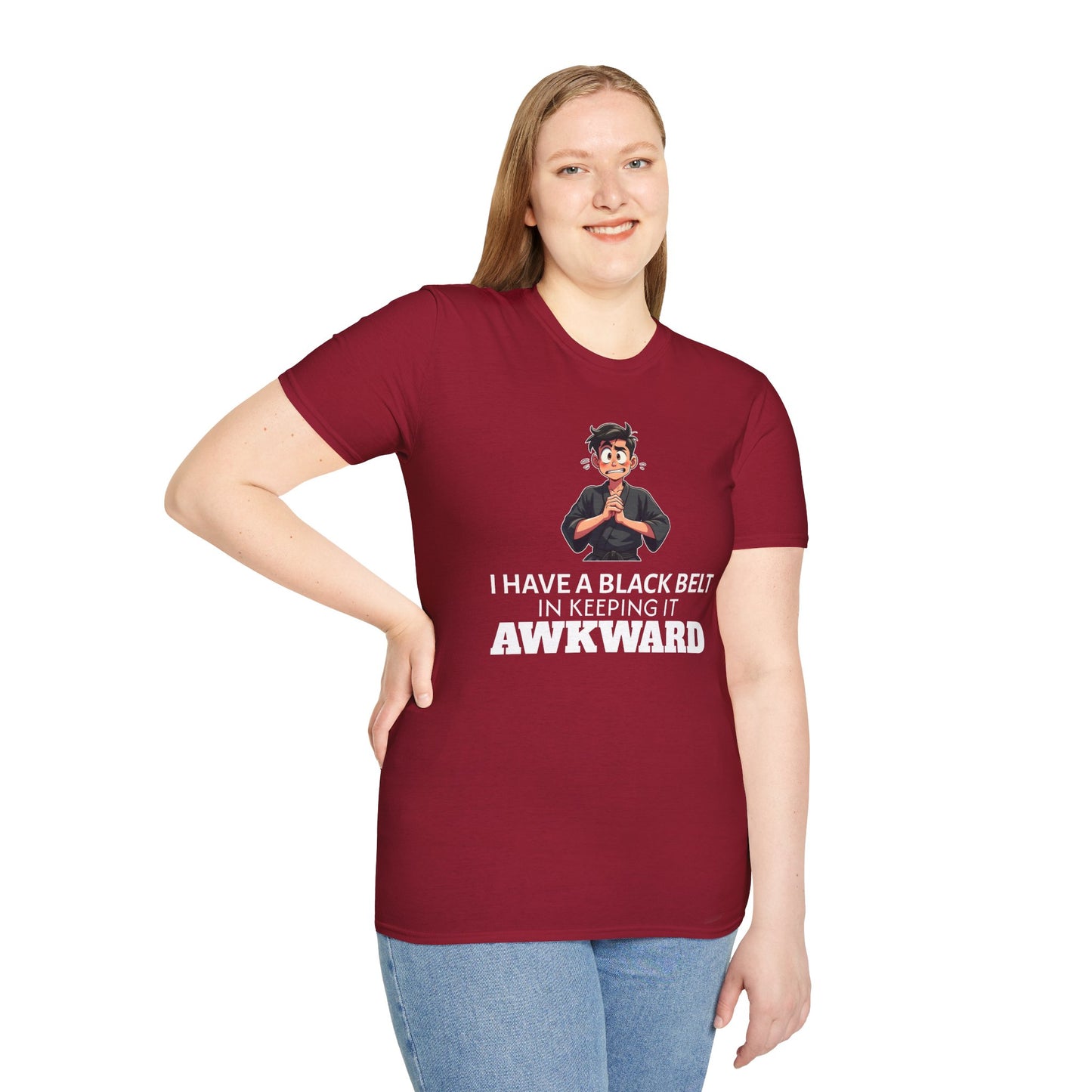 Funny Black Belt in Keeping It Awkward T-Shirt β Sarcastic Karate Kid Cartoon Tee, Ironic Humor Gift for Socially Clumsy & Relatable Souls