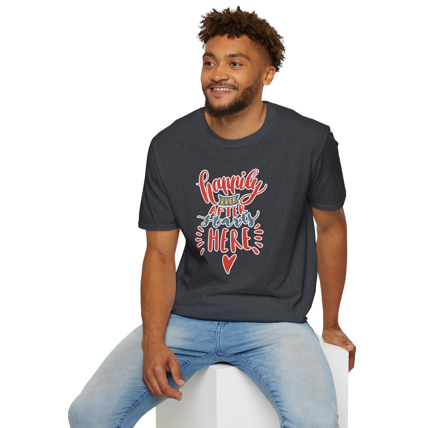 "Happily Ever After Starts Here" Inspirational & Wholesome T-Shirt – Cute Motivational Graphic Tee for Dreamers, Romantics & New Beginnings
