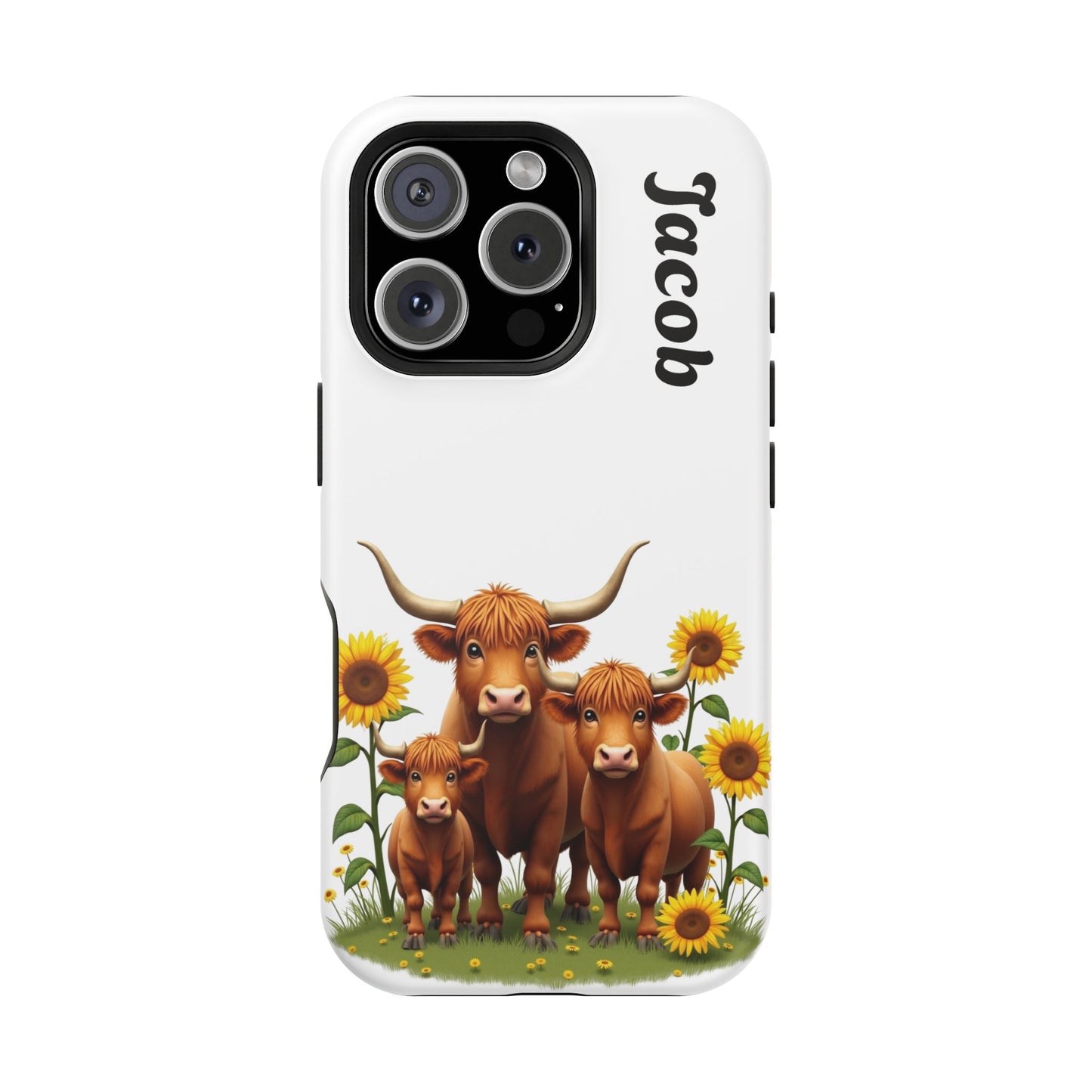 Personalized White Highland Cow Phone Case - Custom Name Farm Animal Gift | Cute Sunflower Cases for Women & Girls