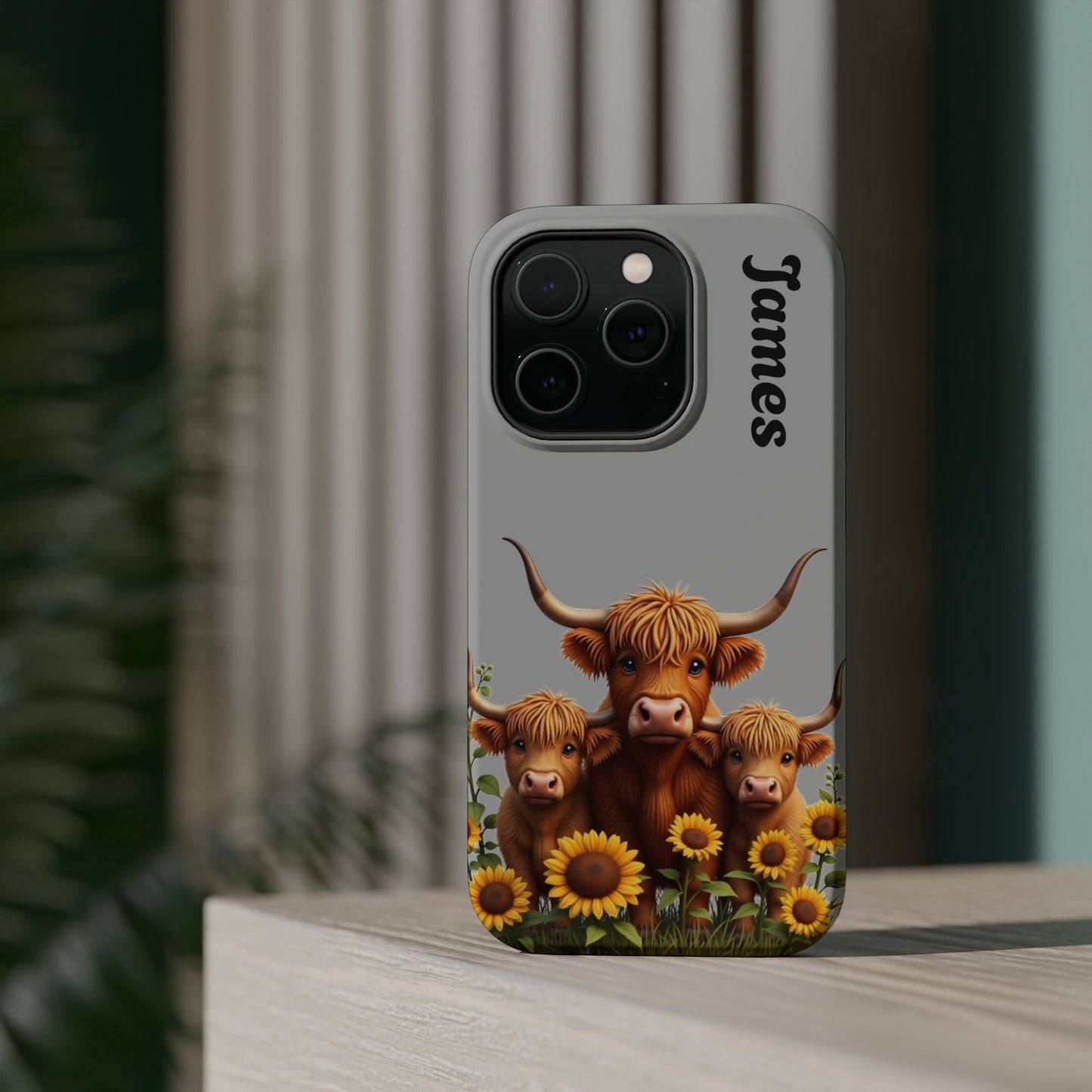 Personalized Gray Highland Cow Phone Case - Custom Name Farm Animal Gift | Cute Gray iPhone Cases for Women & Girls