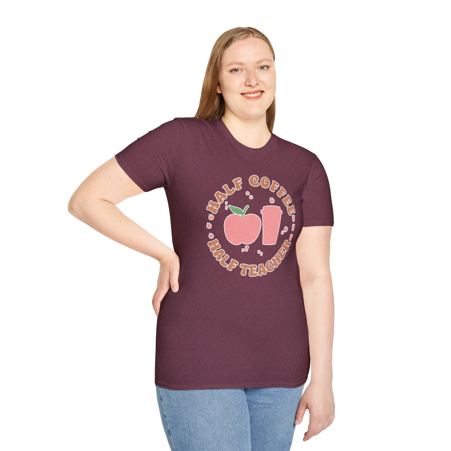 Teacher Shirt - “Half Coffee Half Teacher” Funny Tee, Gift for Educators, Cute Coffee Lover Top, Back to School Clothing