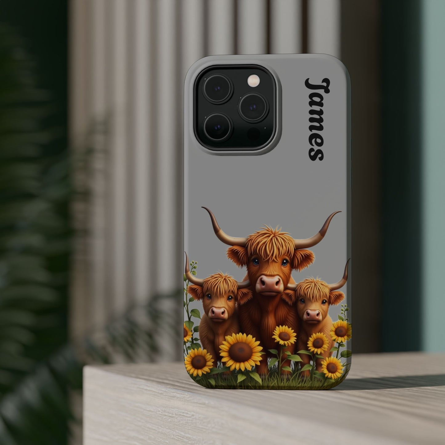 Personalized Gray Highland Cow Phone Case - Custom Name Farm Animal Gift | Cute Gray iPhone Cases for Women & Girls