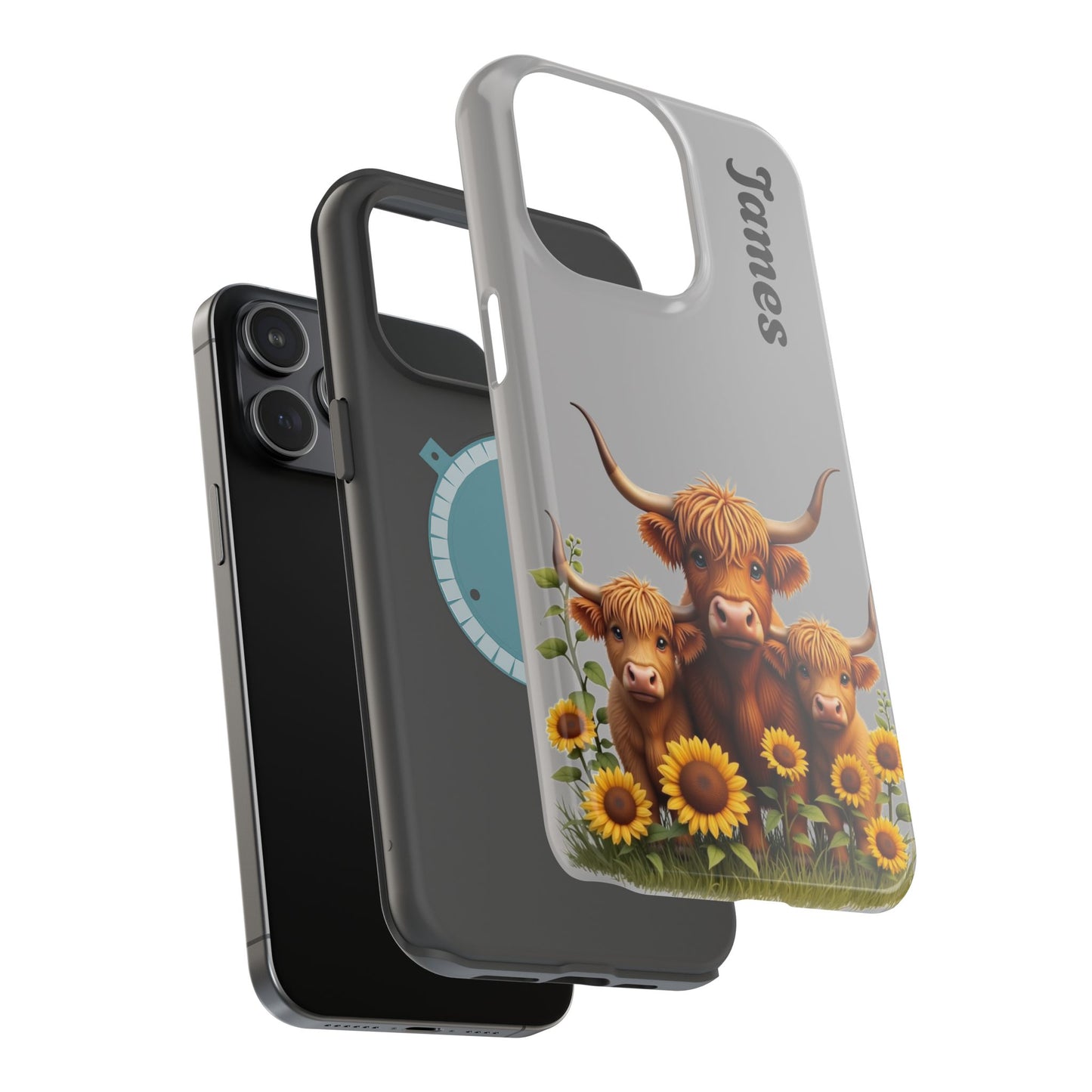 Personalized Gray Highland Cow Phone Case - Custom Name Farm Animal Gift | Cute Gray iPhone Cases for Women & Girls