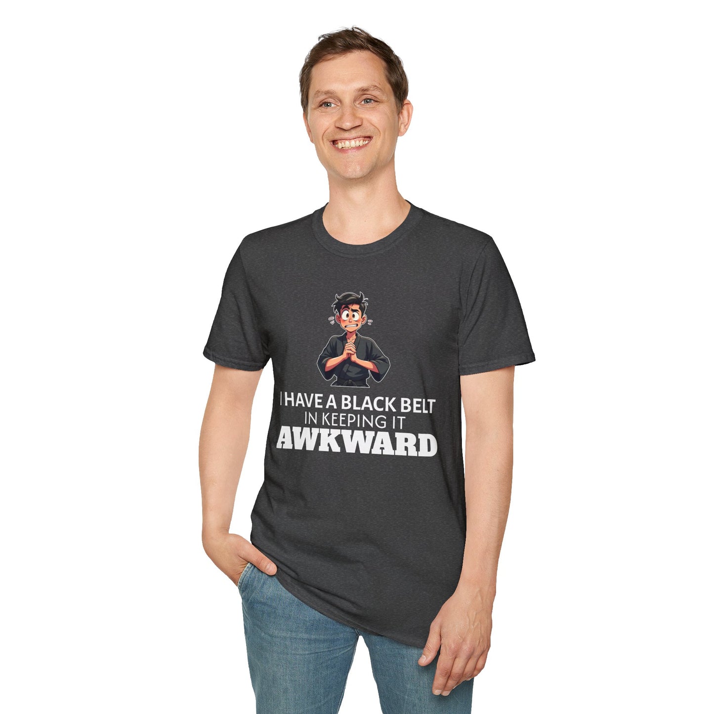 Funny Black Belt in Keeping It Awkward T-Shirt β Sarcastic Karate Kid Cartoon Tee, Ironic Humor Gift for Socially Clumsy & Relatable Souls