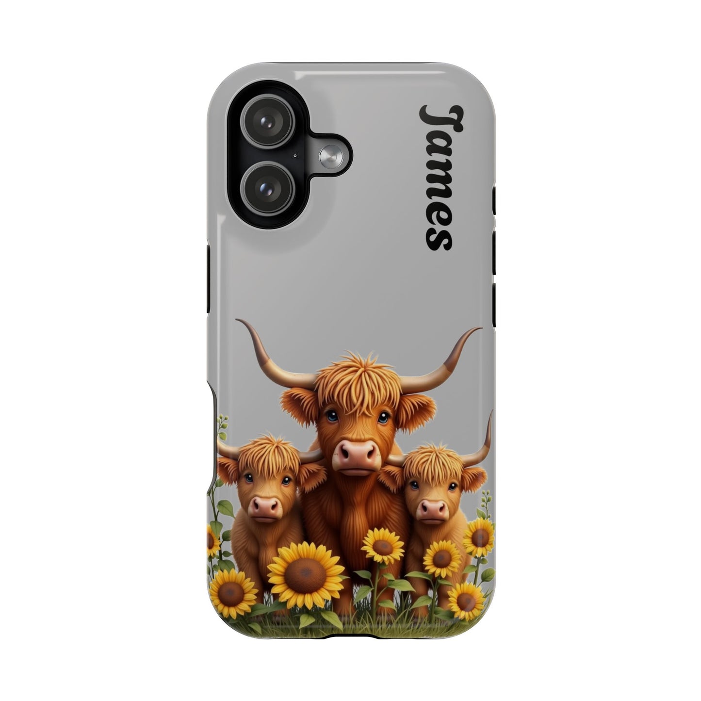 Personalized Gray Highland Cow Phone Case - Custom Name Farm Animal Gift | Cute Gray iPhone Cases for Women & Girls