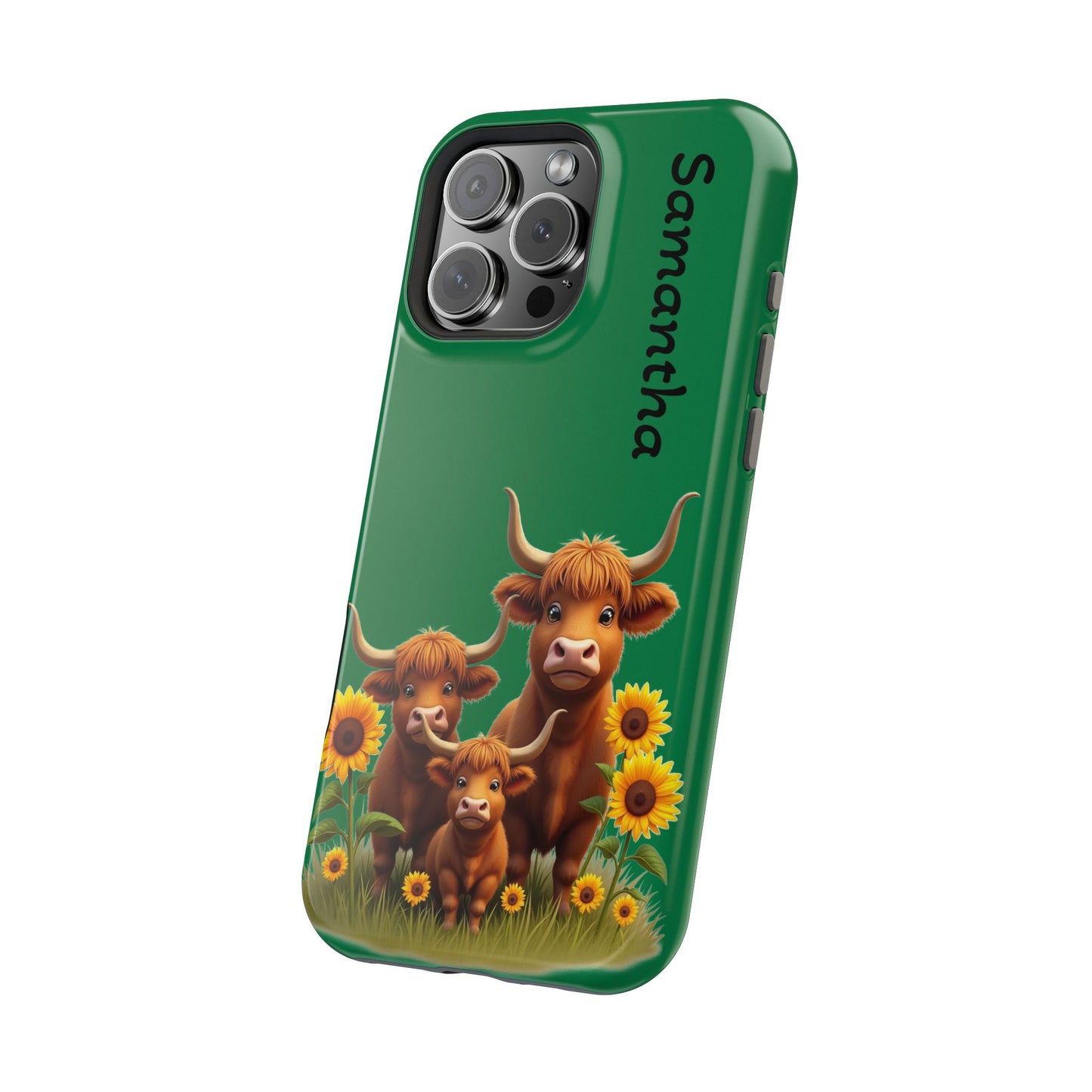 Personalized Highland Cow Phone Case - Custom Name Farm Animal Gift | Cute Green iPhone Cases for Women & Girls