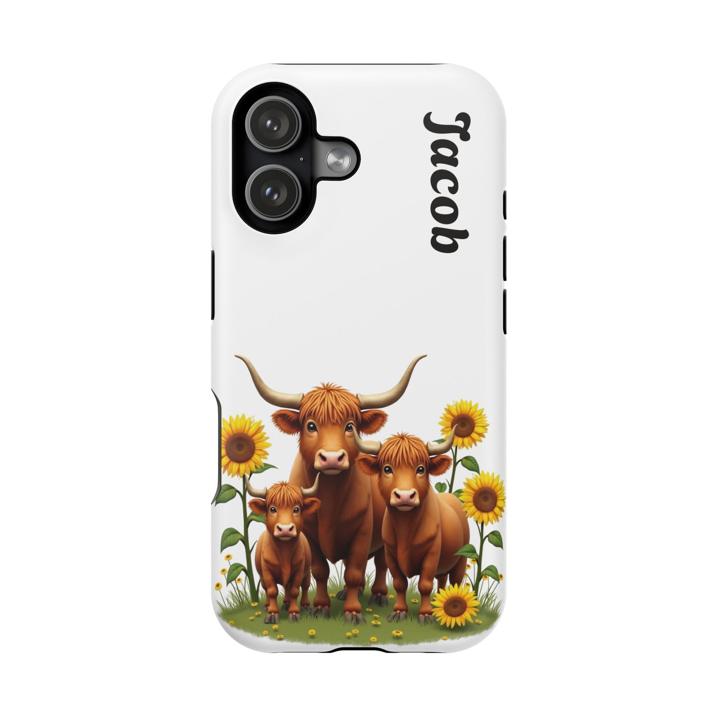Personalized White Highland Cow Phone Case - Custom Name Farm Animal Gift | Cute Sunflower Cases for Women & Girls