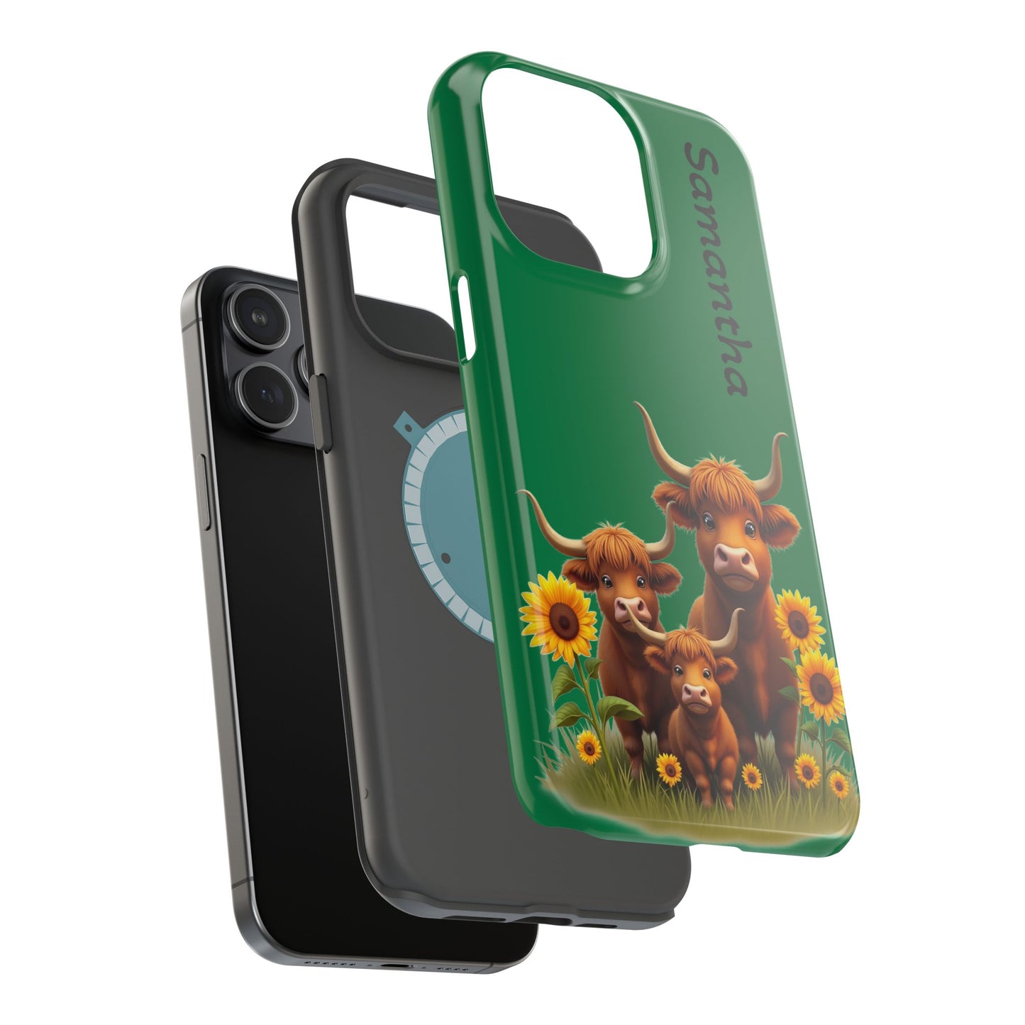 Personalized Highland Cow Phone Case - Custom Name Farm Animal Gift | Cute Green iPhone Cases for Women & Girls