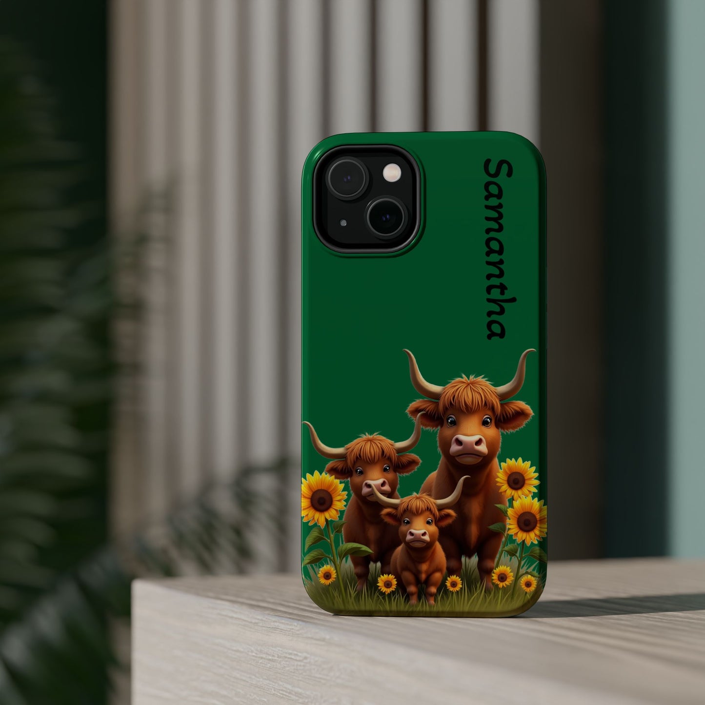 Personalized Highland Cow Phone Case - Custom Name Farm Animal Gift | Cute Green iPhone Cases for Women & Girls