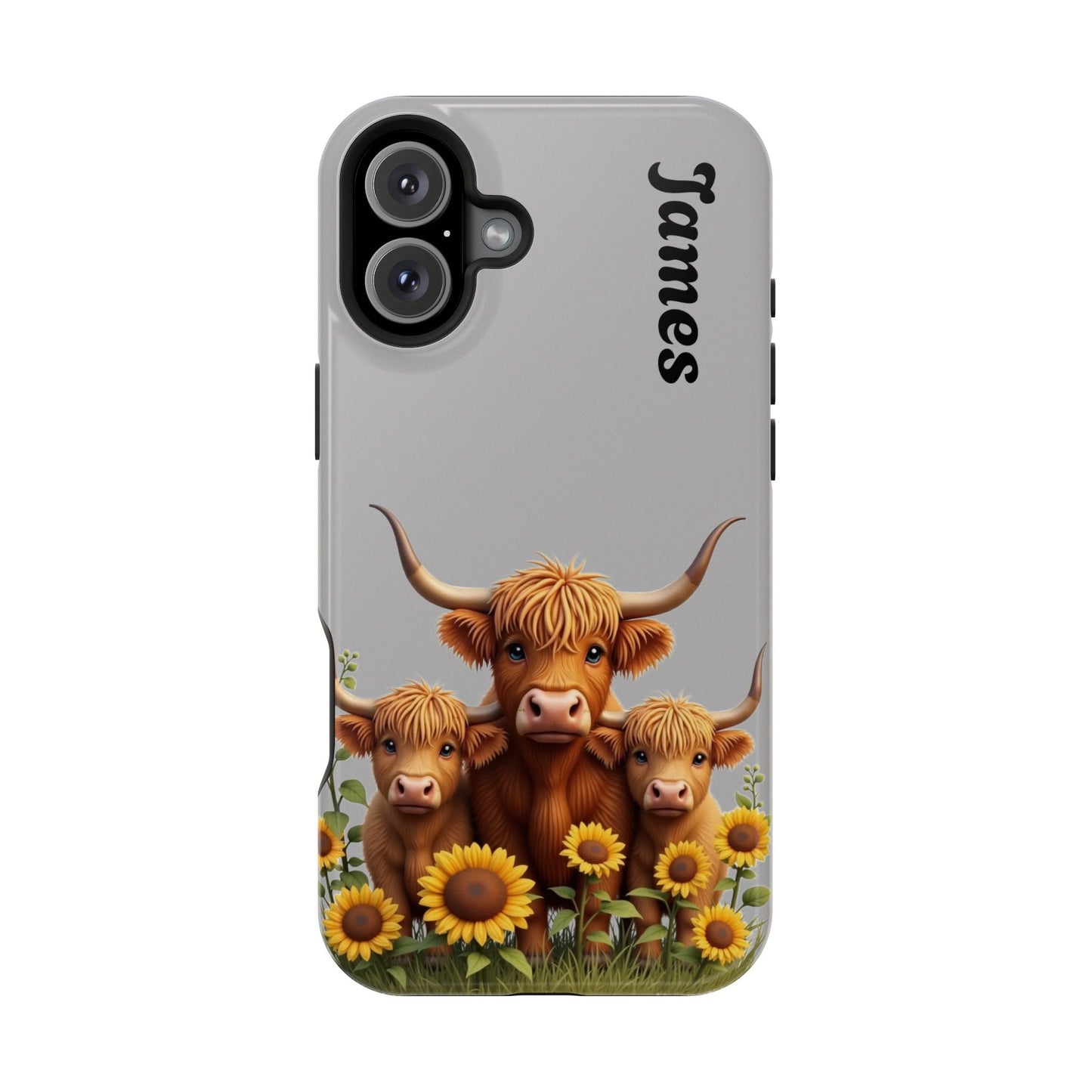 Personalized Gray Highland Cow Phone Case - Custom Name Farm Animal Gift | Cute Gray iPhone Cases for Women & Girls