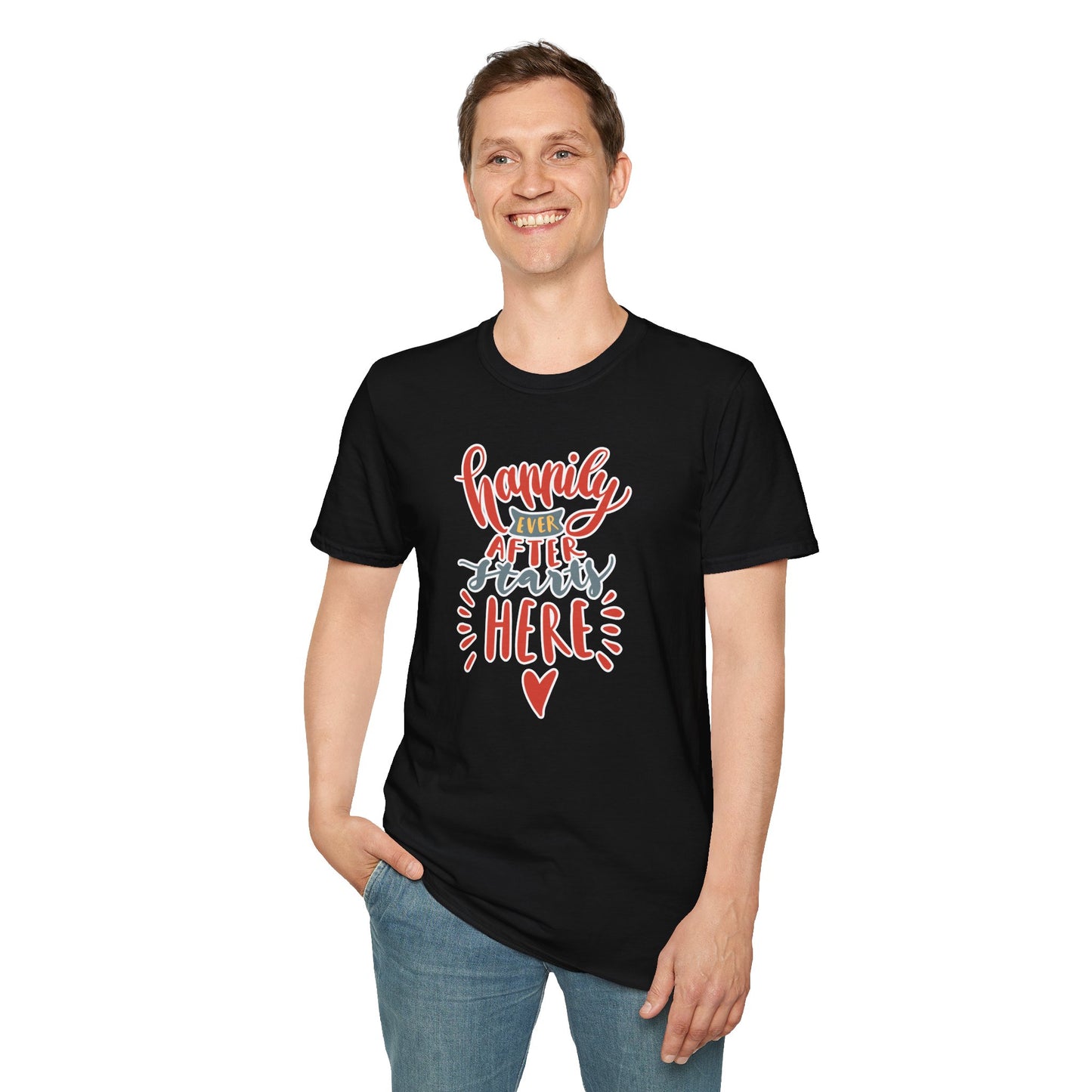 "Happily Ever After Starts Here" Inspirational & Wholesome T-Shirt – Cute Motivational Graphic Tee for Dreamers, Romantics & New Beginnings