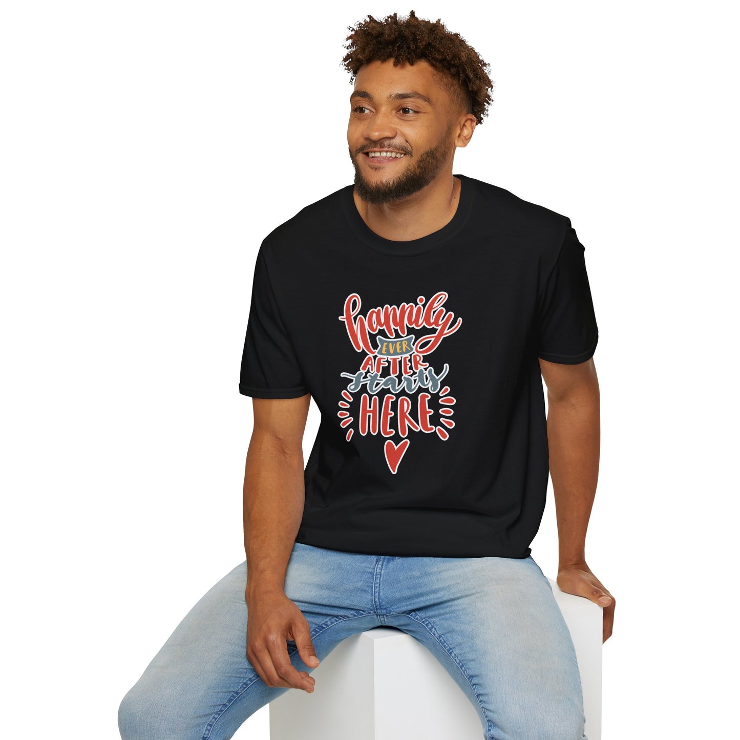 "Happily Ever After Starts Here" Inspirational & Wholesome T-Shirt – Cute Motivational Graphic Tee for Dreamers, Romantics & New Beginnings
