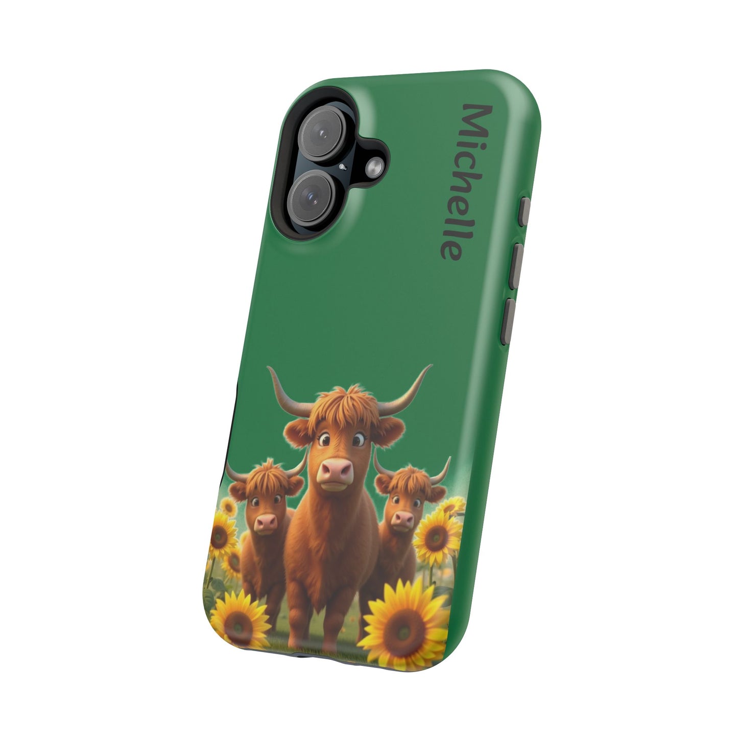 Personalized Highland Cow Phone Case - Custom Name Farm Animal Gift | Cute Green iPhone Cases for Women & Girls